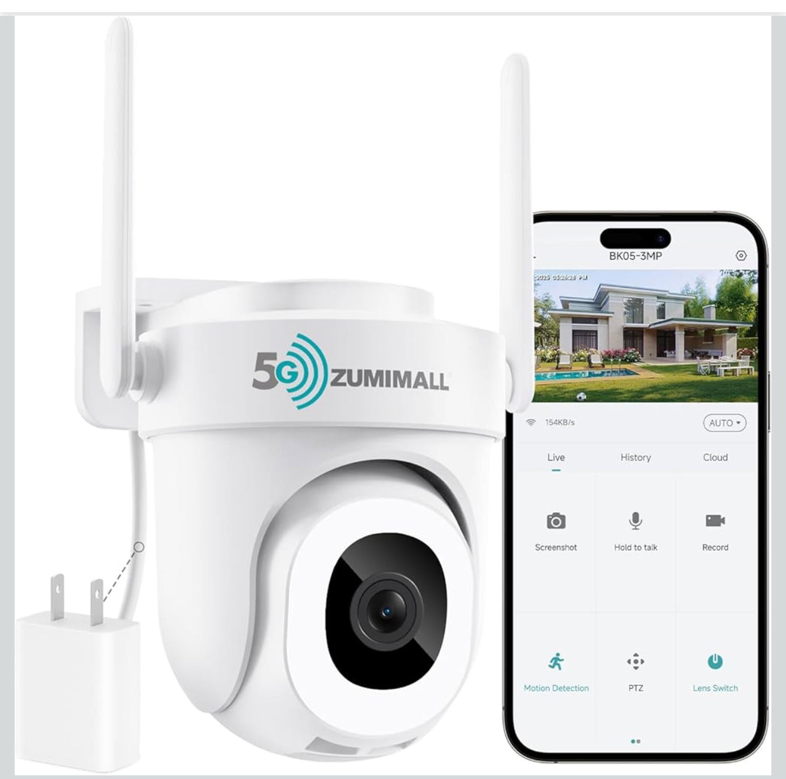 (MSRP $49.99) ZUMIMALL 5MP 5G Wired Security Camera – 360° PTZ, 24/7 Recording