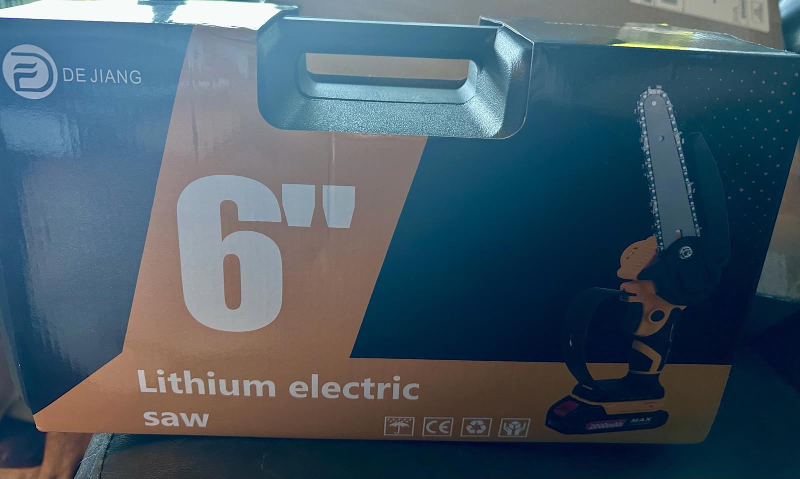(NEW MSRP $59.99) De Jiang 6” Lithium Electric Chainsaw with 2 Batteries