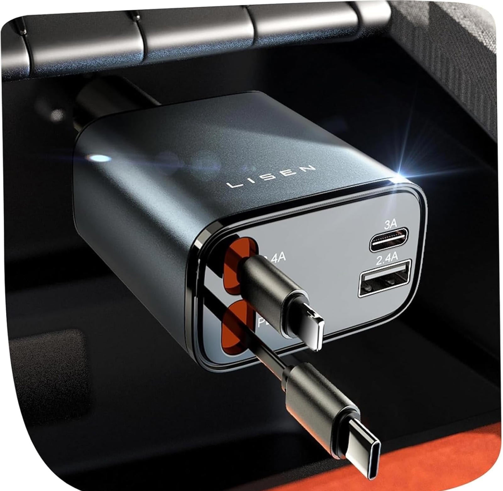 (MSRP $29.99) LISEN 69W Retractable 4‑in‑1 USB Car Charger — PD 30W + USB‑C
