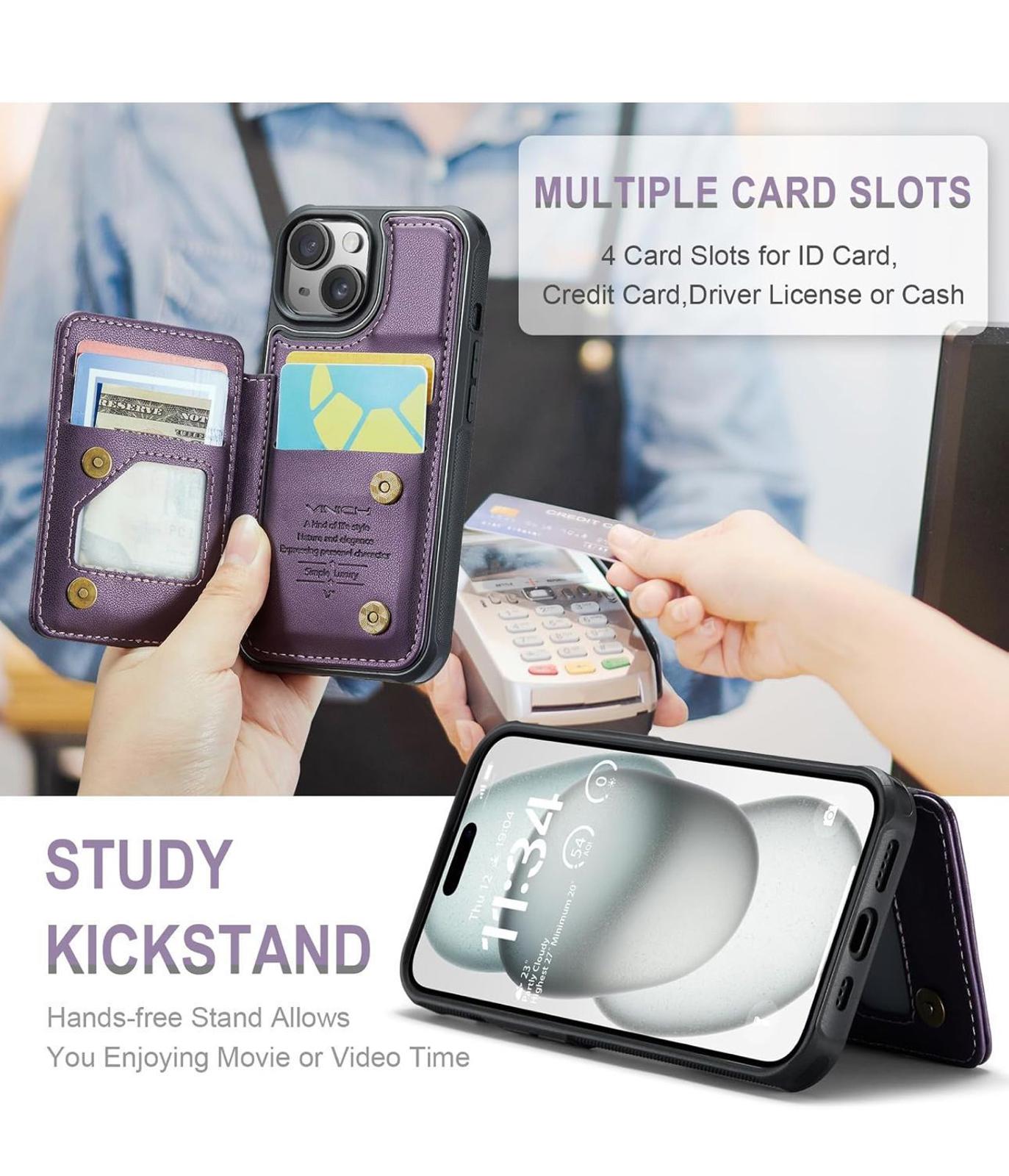 (NEW, MSRP $16.99) iPhone 15 Wallet Case with Card Holder, RFID Block, Kickstand