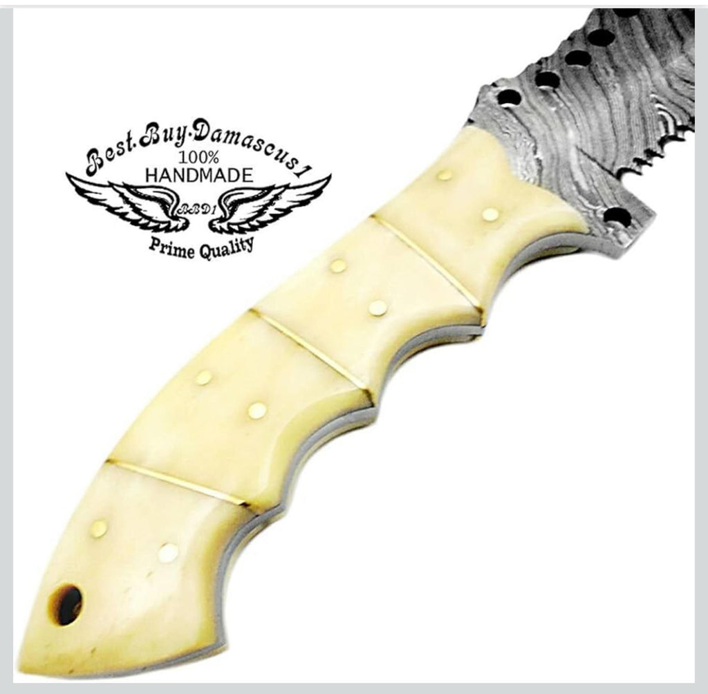 (NEW MSRP $69.99) 9.5” Camel Bone Damascus Tracker Knife– Handmade Outdoor Blade