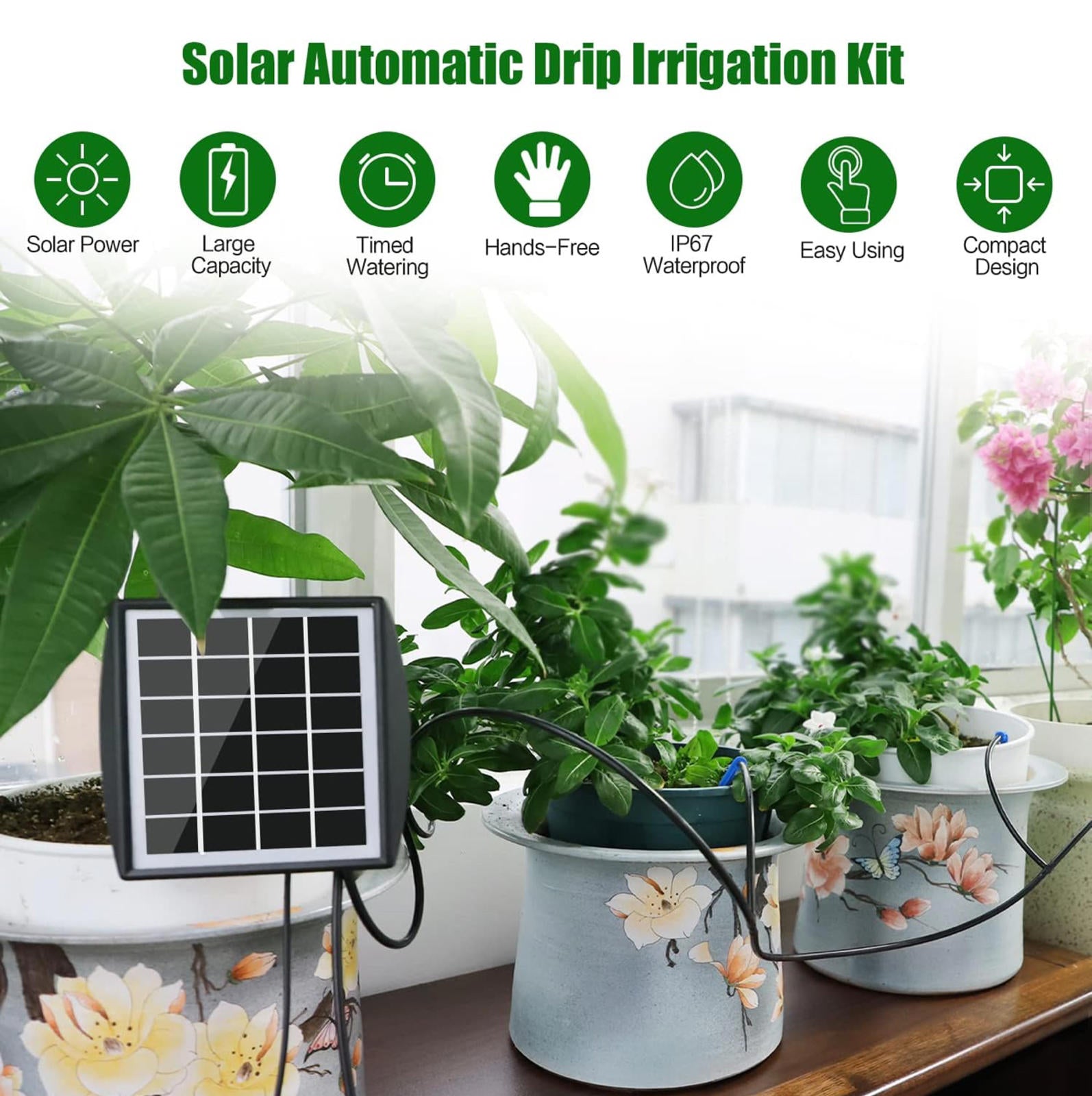 (MSRP $29.99) Solar Automatic Drip Irrigation Kit – Solar-Powered Plant Watering