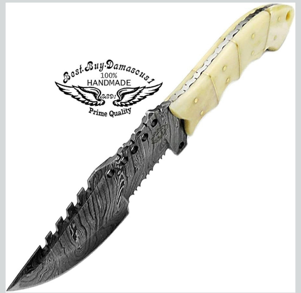 (NEW MSRP $69.99) 9.5” Camel Bone Damascus Tracker Knife– Handmade Outdoor Blade