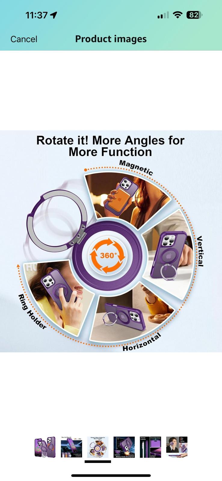 (New) Purple 360° Rotatable Magnetic Ring for iPhone 16 Pro Max Case, with Stand