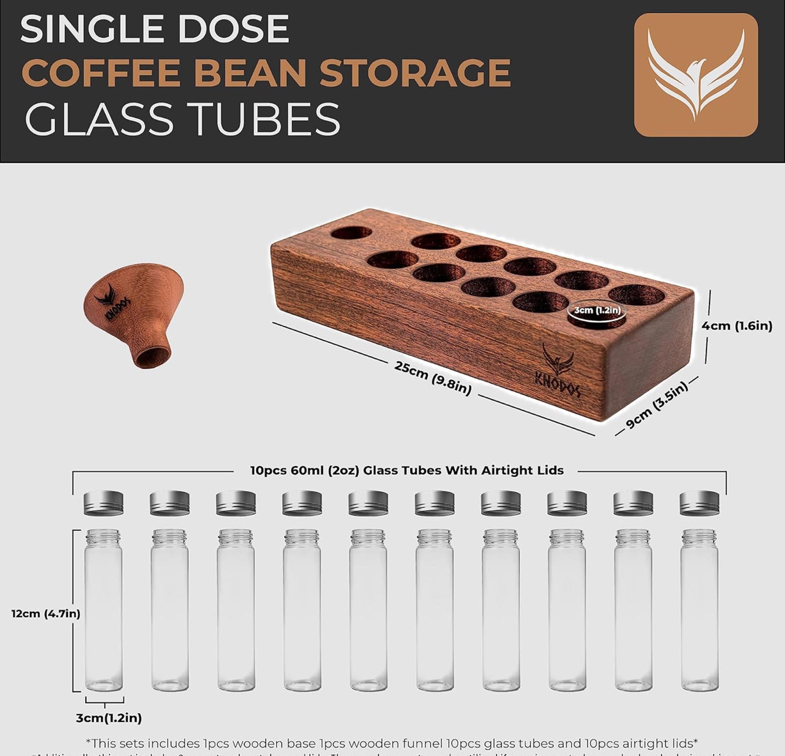 (NEW MSRP $49.99) Coffee Dosing Tubes with Wood Stand & Funnel – 10× 2oz Vials ☕