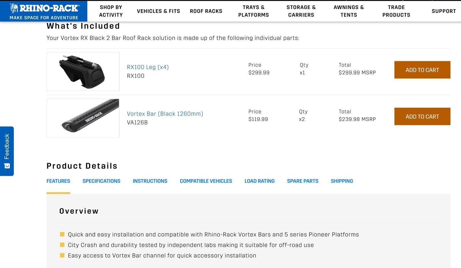 (NEW MSRP $538) RHINO RACK Vortex SX Roof Rack System