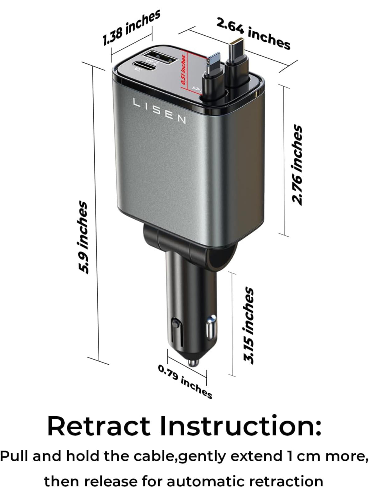 (MSRP $29.99) LISEN 69W Retractable 4‑in‑1 USB Car Charger — PD 30W + USB‑C