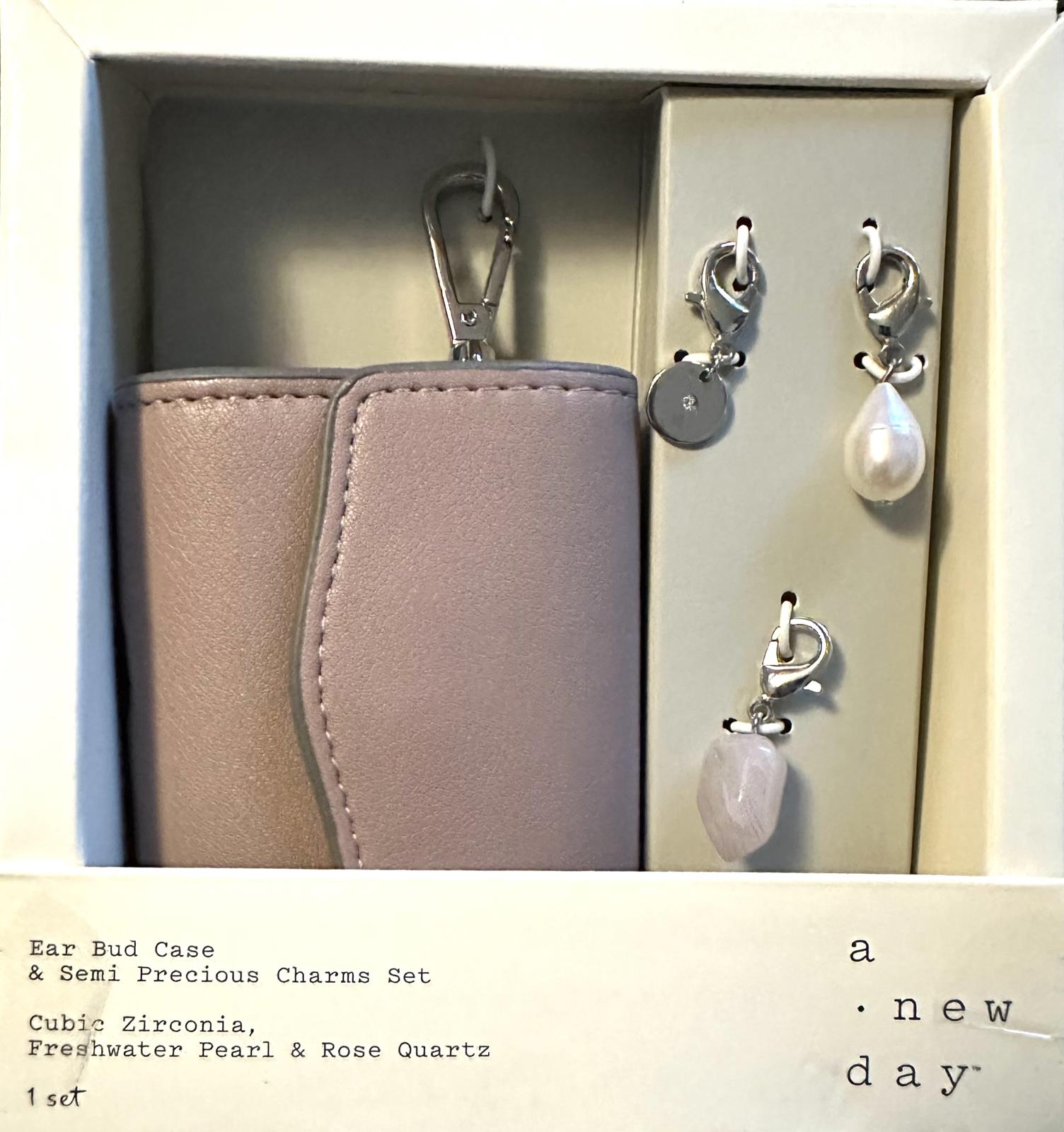 (MSRP $15.00) A New Day Earbud Case & Semi-Precious Charms Set:CZ, Pearl, Quartz