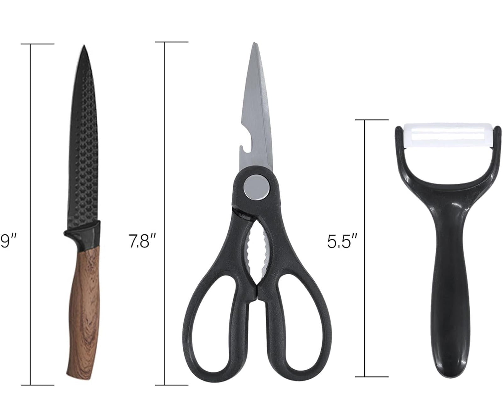 (MSRP $39.95) 6‑Pc Stainless Steel Kitchen Knife Set, Wood-Grain Handles