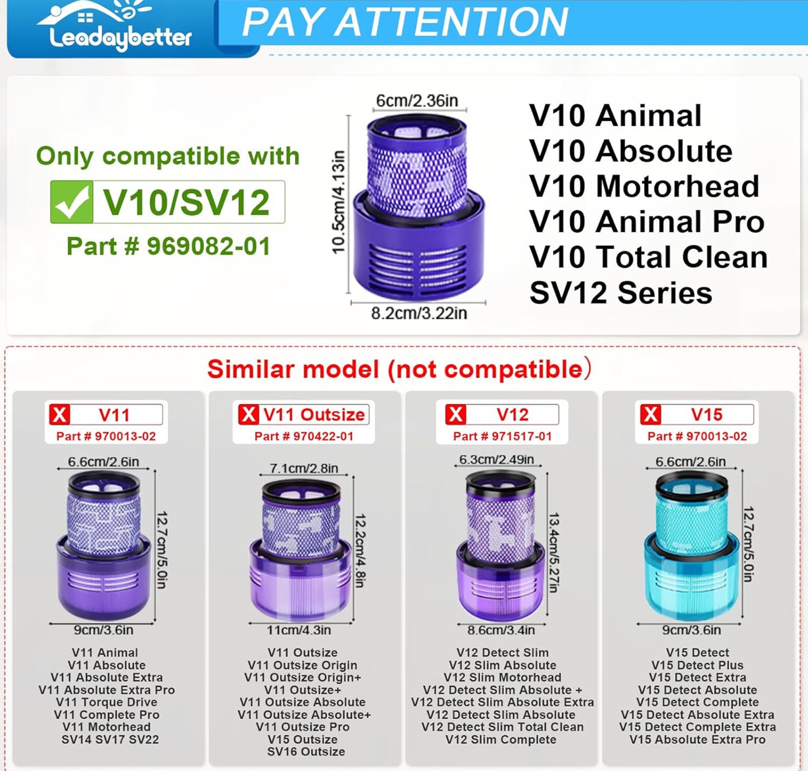 (MSRP $19.99) Leadaybetter 2-Pack Washable Filters +Cleaning Brush for Dyson V10