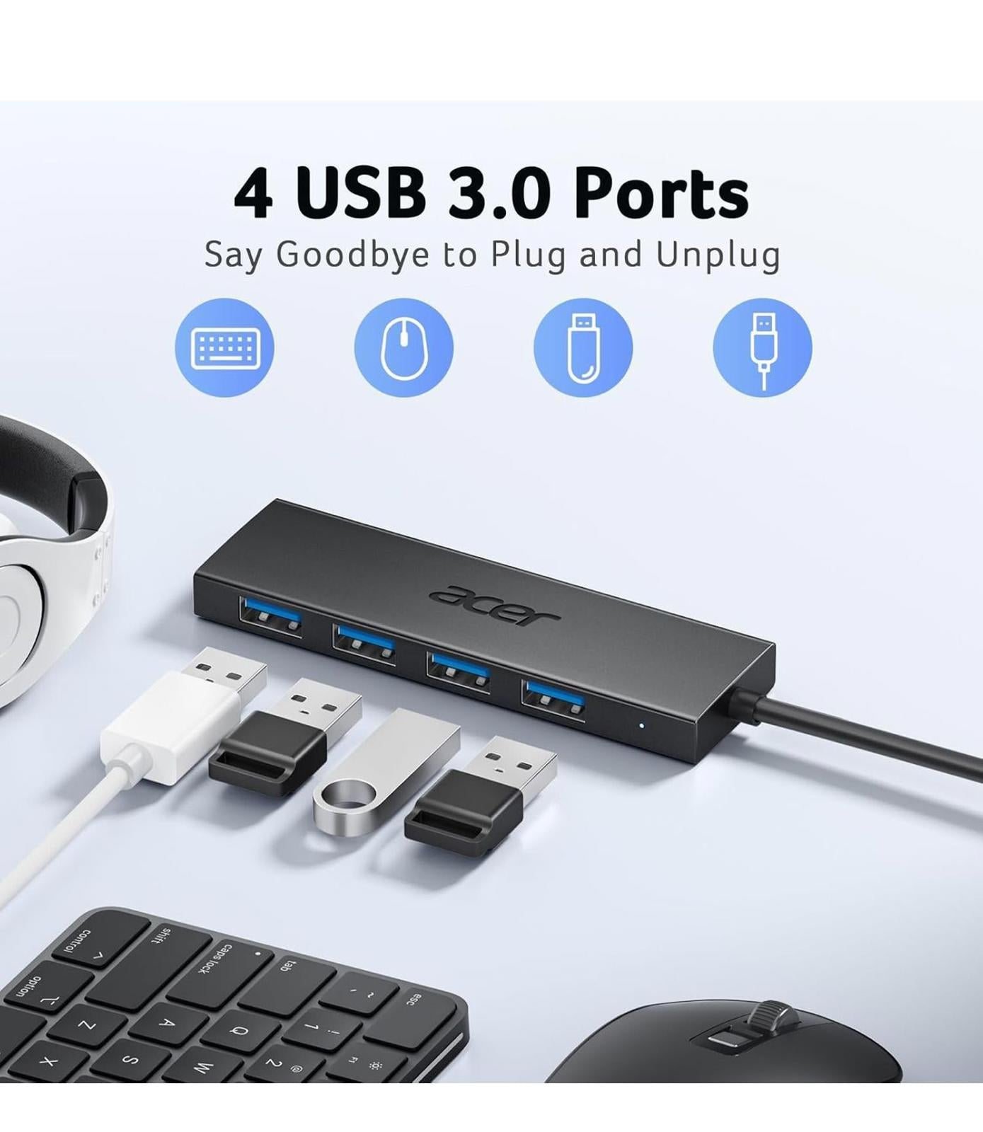 (NEW MSRP $15) Acer USB Hub 4 Ports, 4x USB 3.0 Hub, USB Splitter for Laptop
