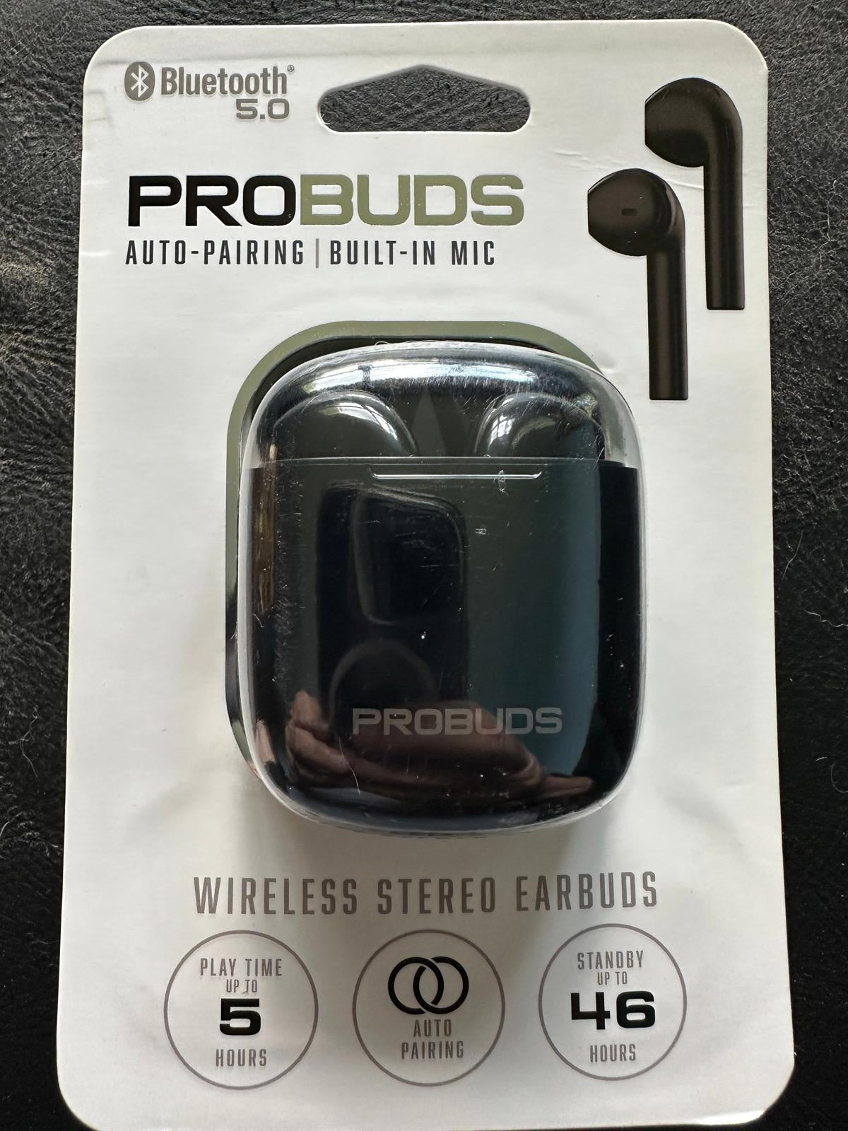 (NEW $30): black ProBuds in-ear AirPod-like stereo earbuds.5hr play,46hr standby
