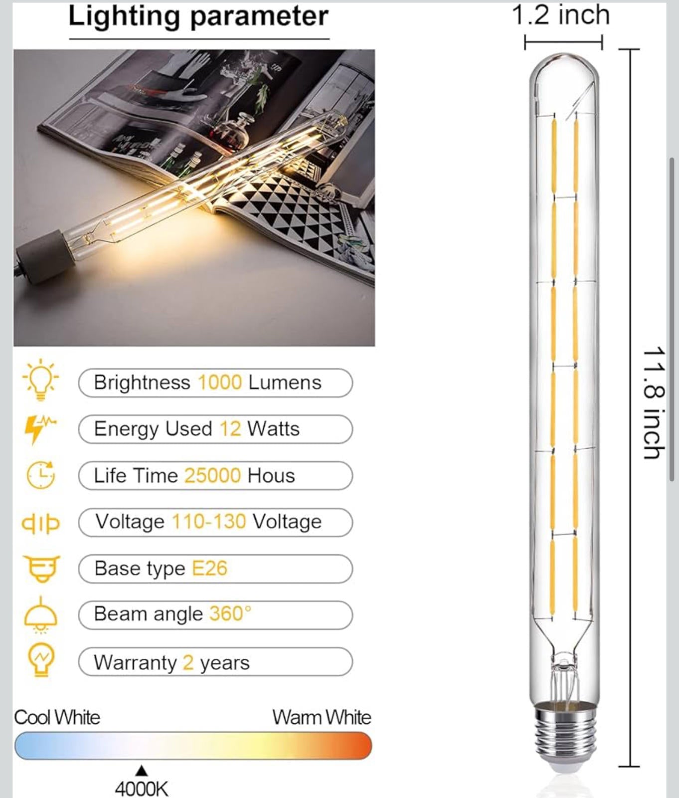 (MSRP $39.95) Pack of 6: 12W Edison-Style LED T10 Tubular Bulb – Dimmable E26