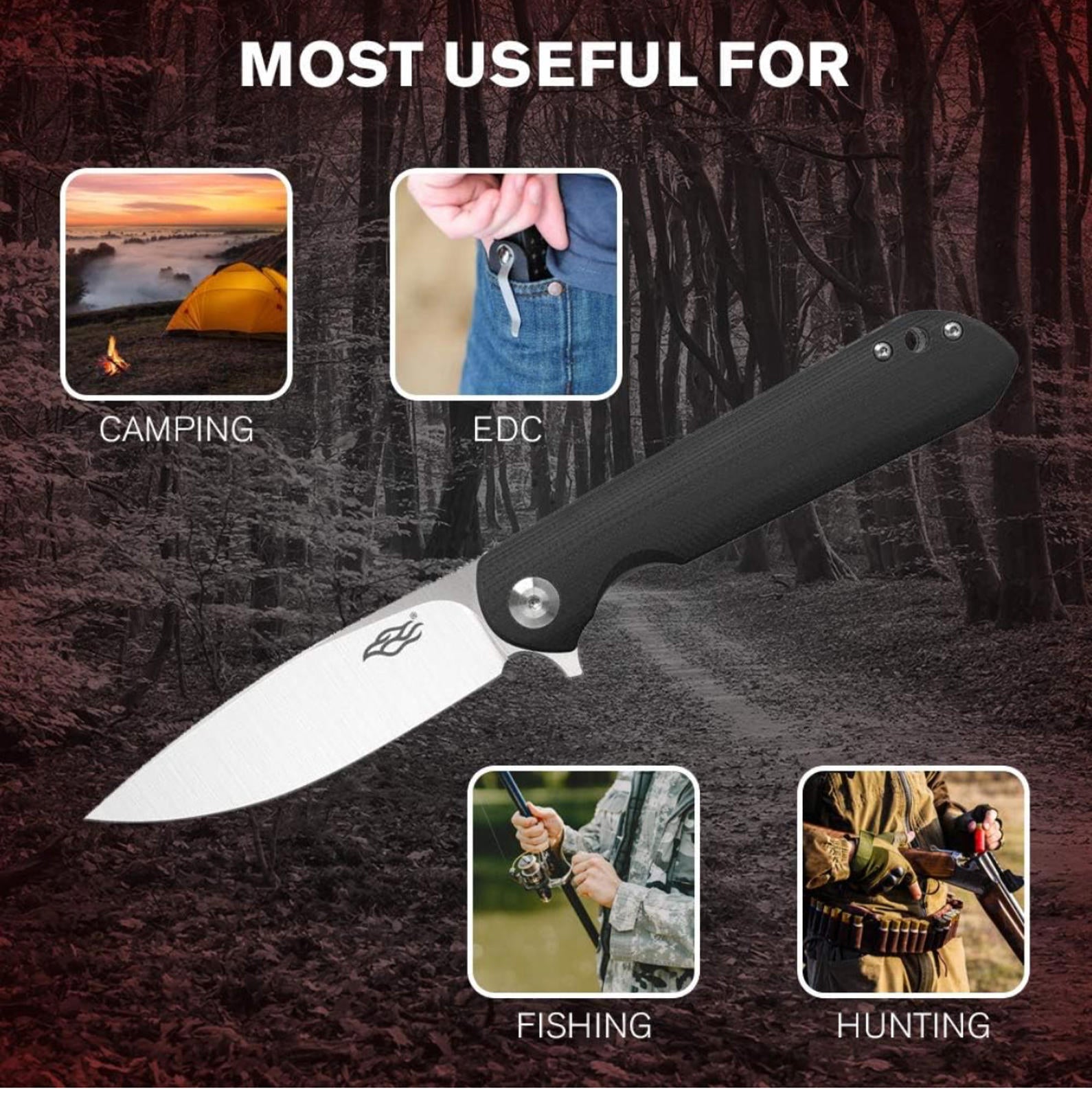 (MSRP $39.99) Firebird Ganzo FH41S-BK Folding Knife, D2 Steel Blade, G10 Handle