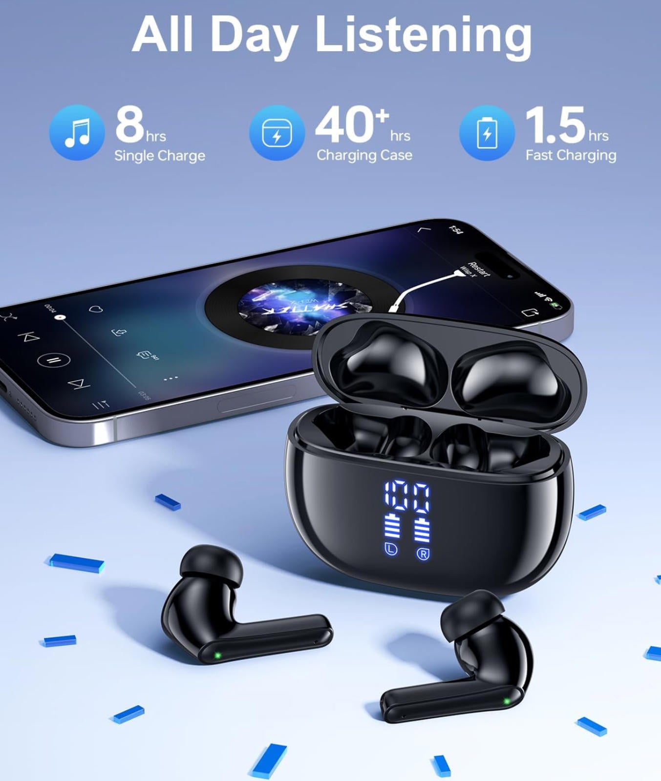 (NEW MSRP $39.99) HUIFU T12 Wireless Earbuds – 40hr Playtime, Deep Bass, LED Cas
