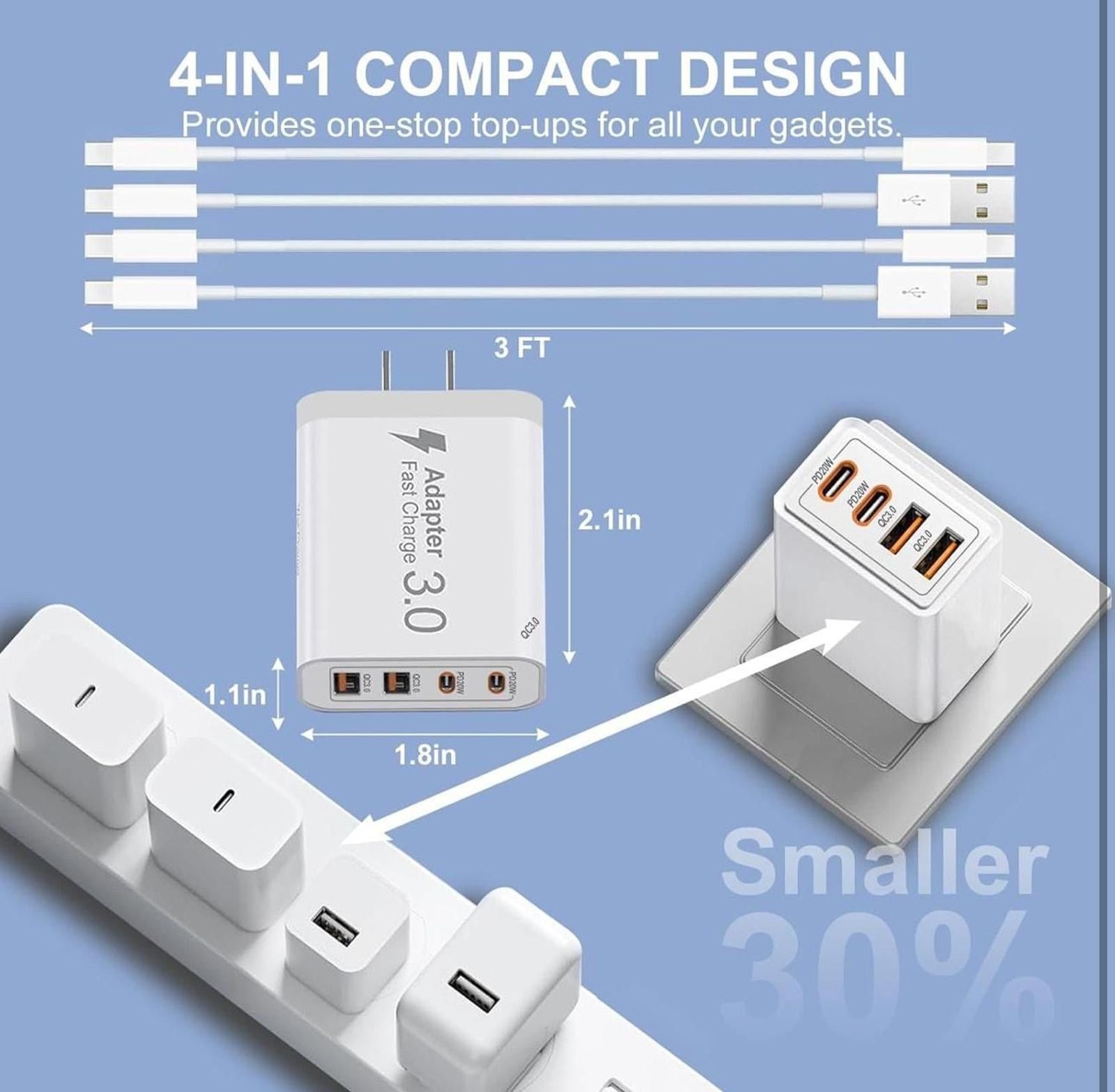 (MSRP $19.99) 2-Pack 40W 4-Port PD Fast Charger with 2×USB-C, 2× USB-A Cables
