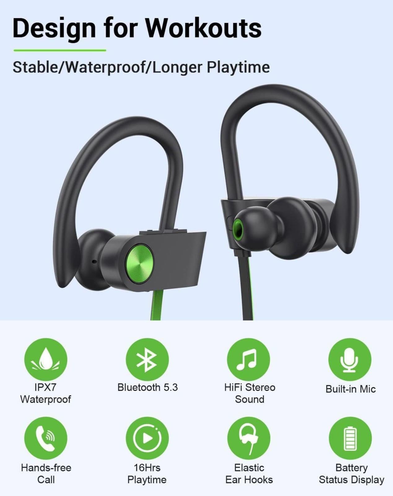 (NEW MSRP $29.99) Stiive Bluetooth Sports Earbuds: IPX7 Waterproof, 16H Playtime