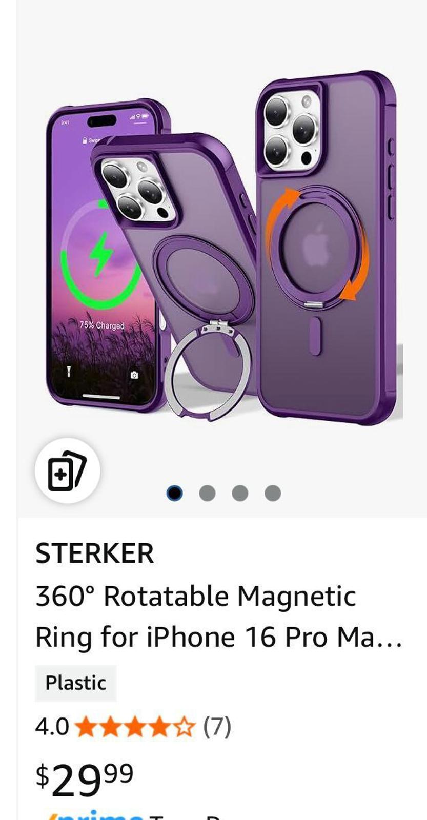 (New) Purple 360° Rotatable Magnetic Ring for iPhone 16 Pro Max Case, with Stand