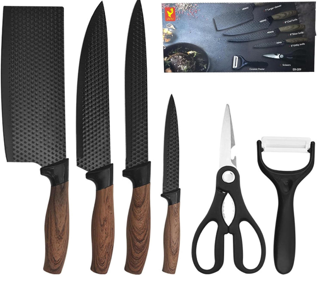 (MSRP $39.95) 6‑Pc Stainless Steel Kitchen Knife Set, Wood-Grain Handles