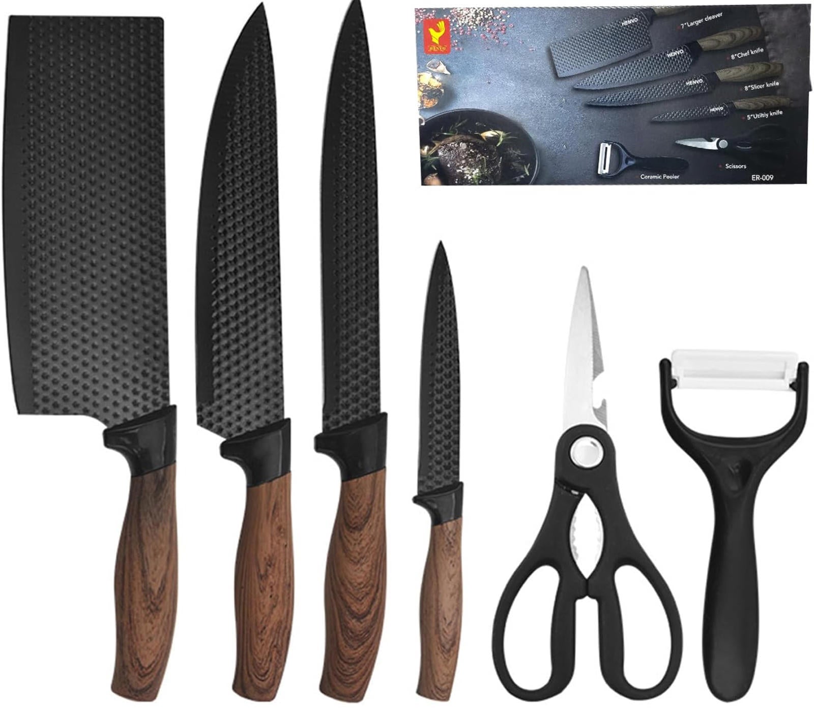 (MSRP $39.95) 6‑Pc Stainless Steel Kitchen Knife Set, Wood-Grain Handles
