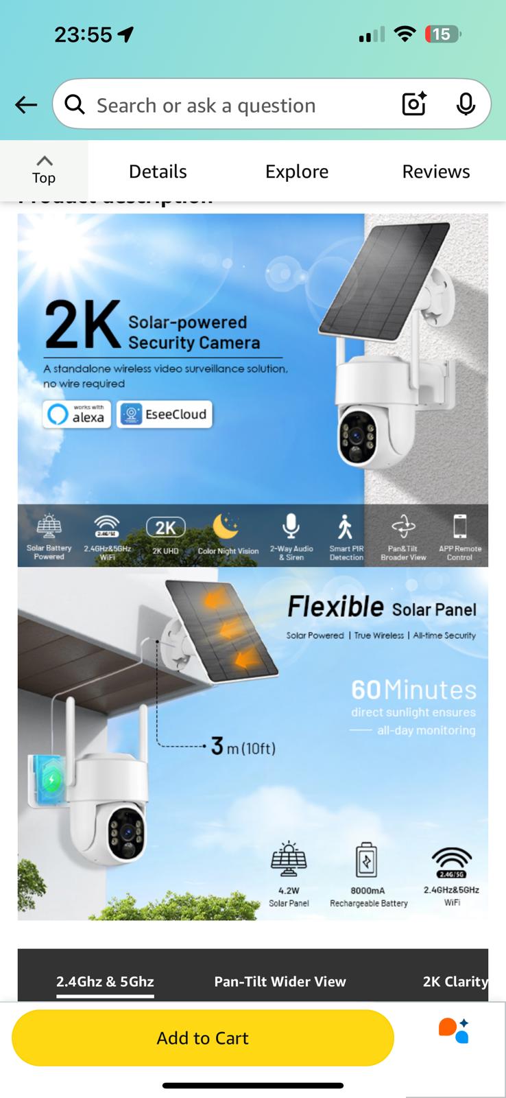 (MSRP $89.99) 2K Solar PTZ WiFi Outdoor Camera –Pan/Tilt, AI, Color Night Vision