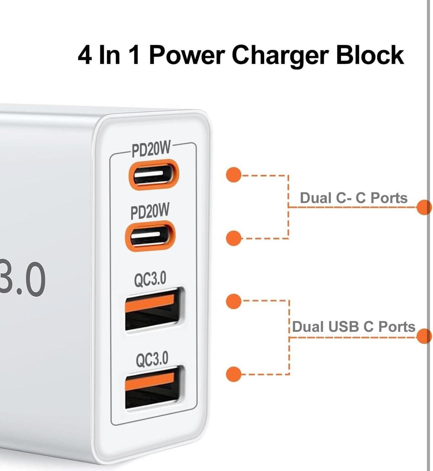 (MSRP $19.99) 2-Pack 40W 4-Port PD Fast Charger with 2×USB-C, 2× USB-A Cables