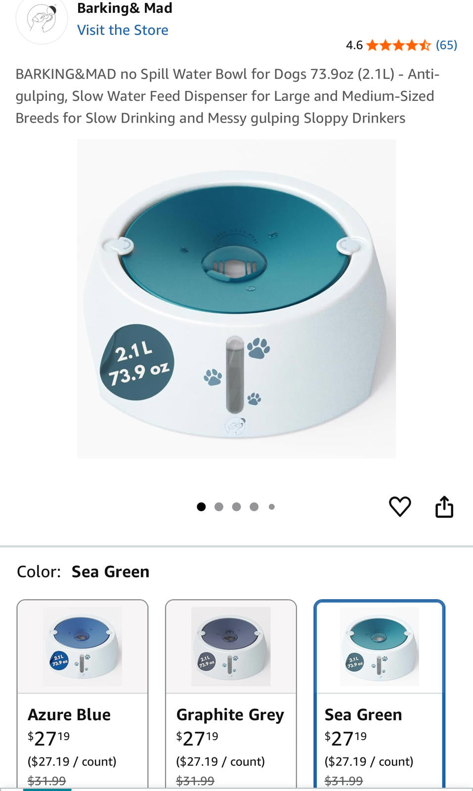 (MSRP $31.99) BARKING&MAD 2.1L No-Spill Dog Water Bowl