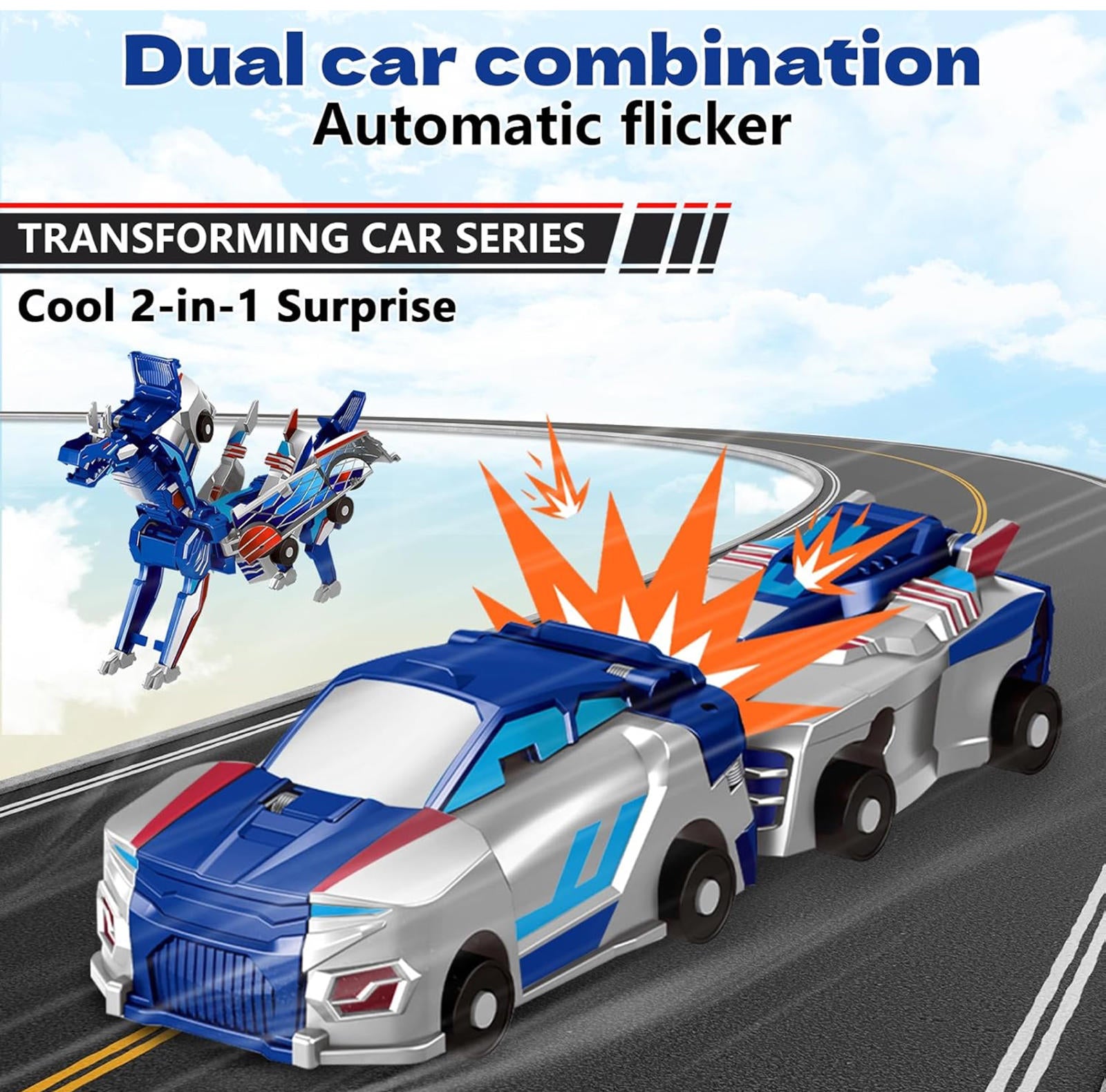 (MSRP $29.99) Intoypad Collision Transforming Dinosaur Car – 2-in-1 Toy (BLUE)
