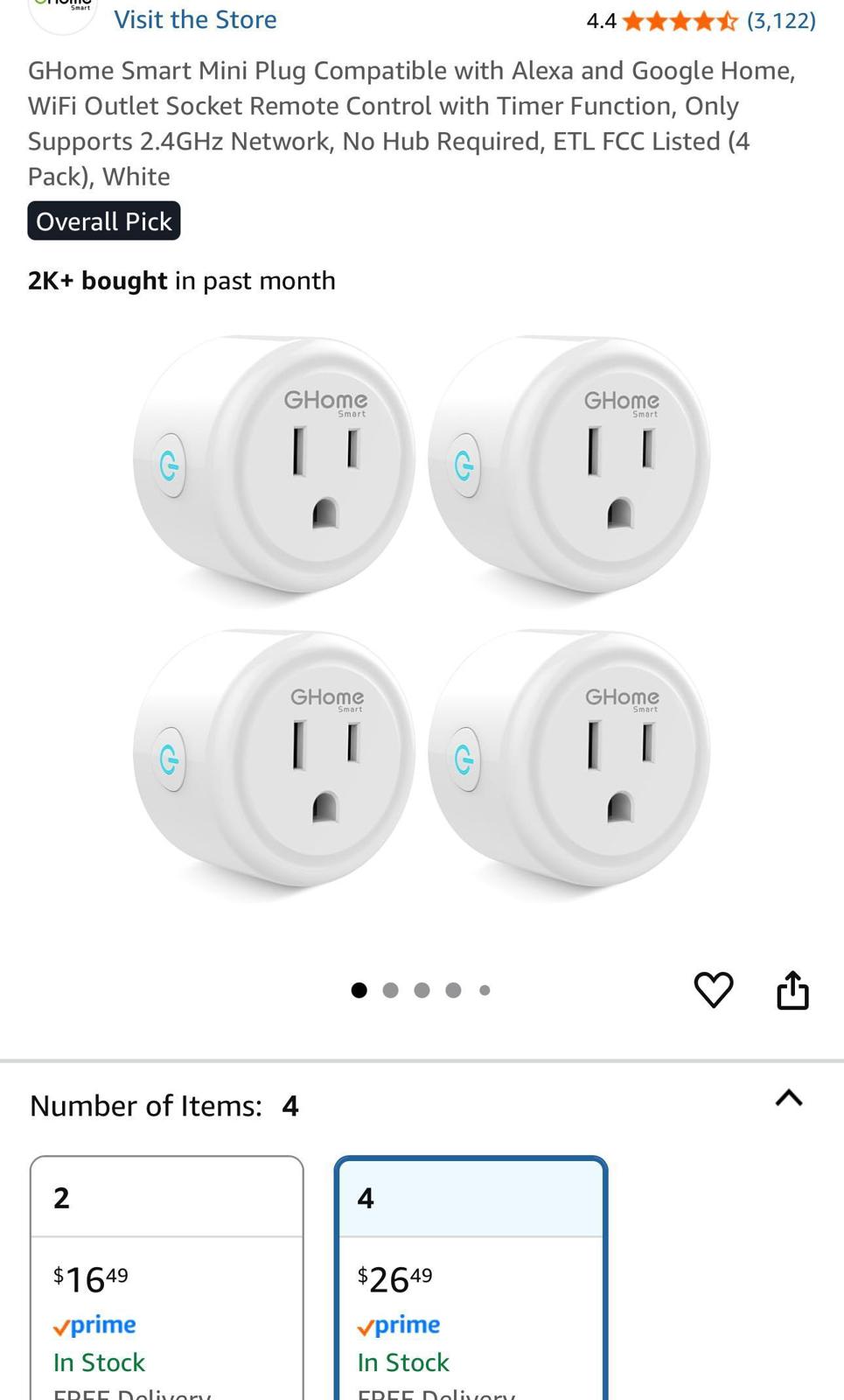 (NEW MSRP $26.39) GHome Smart Mini Plug 4-Pack, WiFi Outlet, Alexa & Google Home