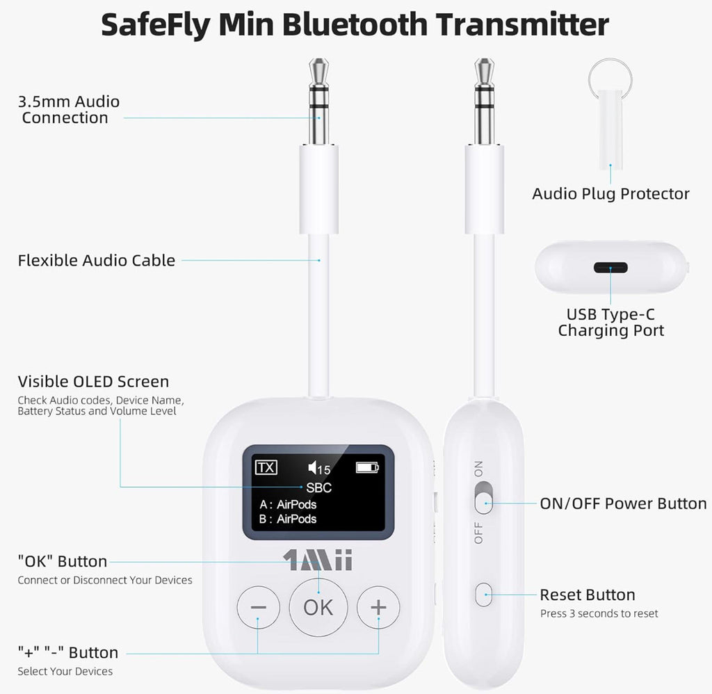 (NEW MSRP $44.99) 1Mii SafeFly Mini BT5.3 Transmitter– Low Latency, 25hr Battery