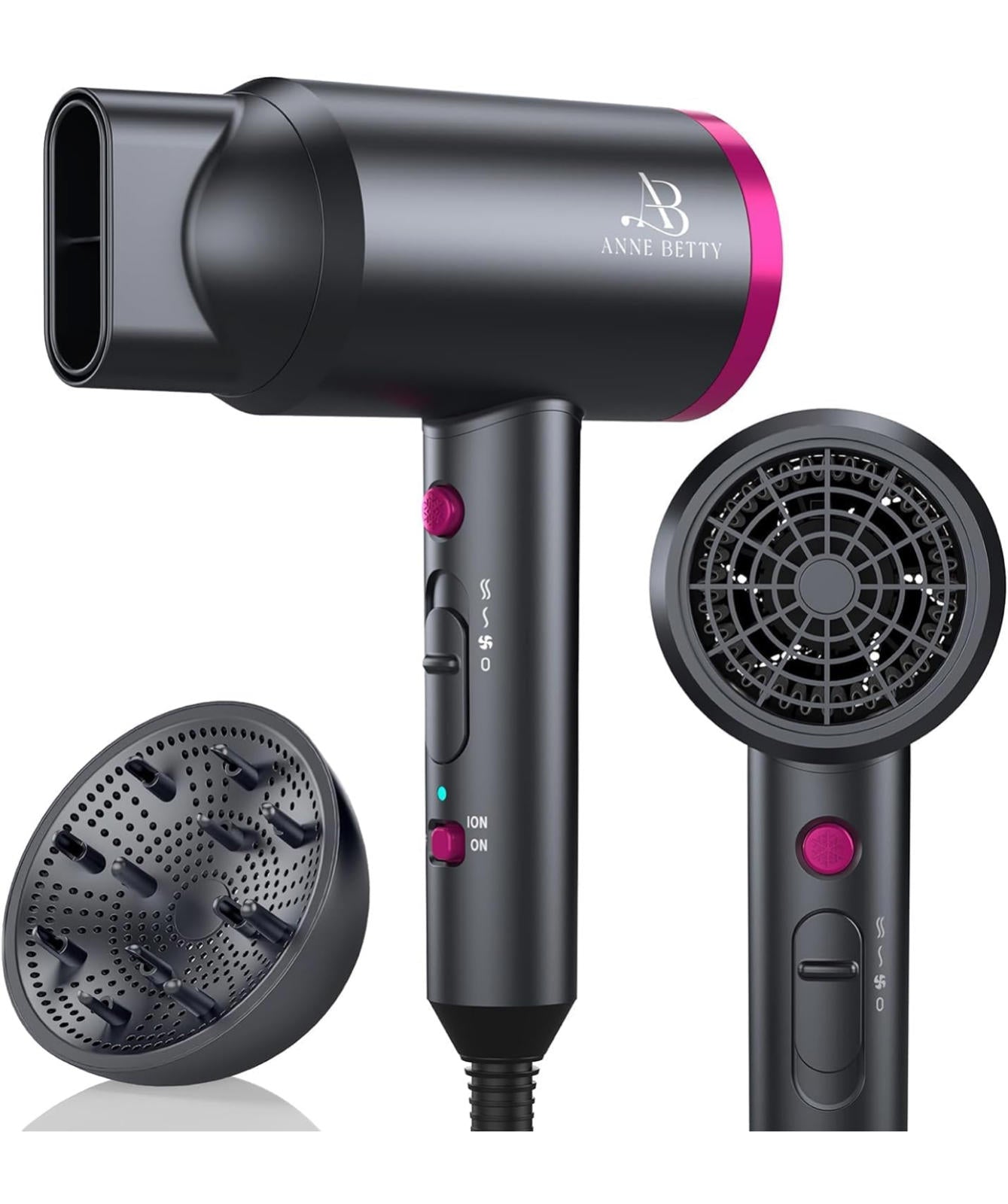 (MSRP $49.99) ANNE BETTY Ionic 1800W Hair Dryer with Diffuser & Nozzle