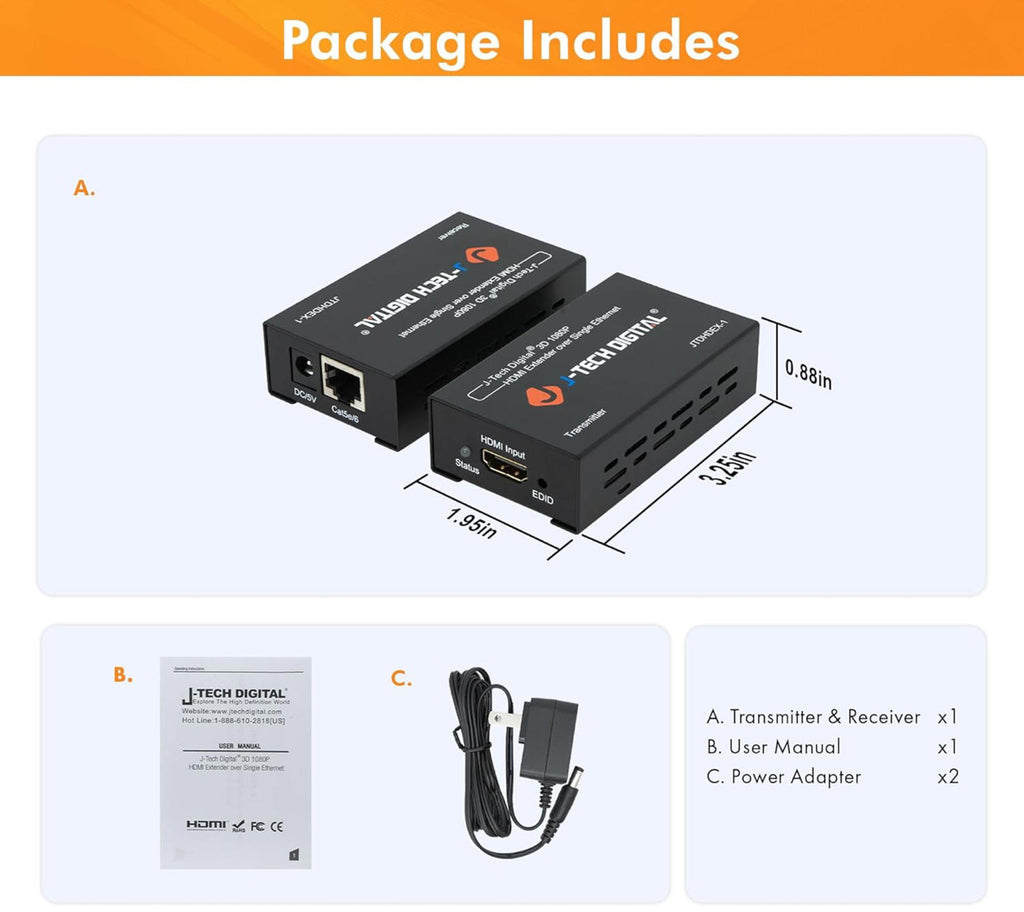 (MSRP $69.99) J-Tech HDMI Extender over Cat5e/6 (1080p) @200ft with EDID Support