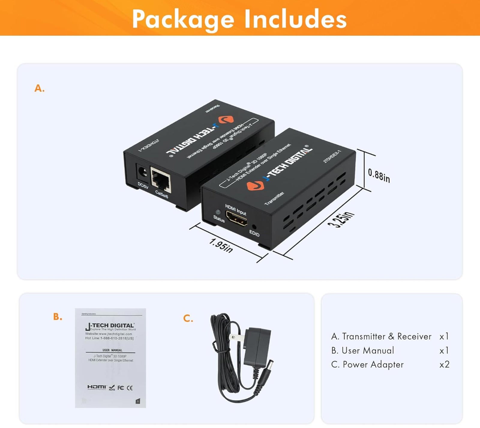 (MSRP $69.99) J-Tech HDMI Extender over Cat5e/6 (1080p) @200ft with EDID Support