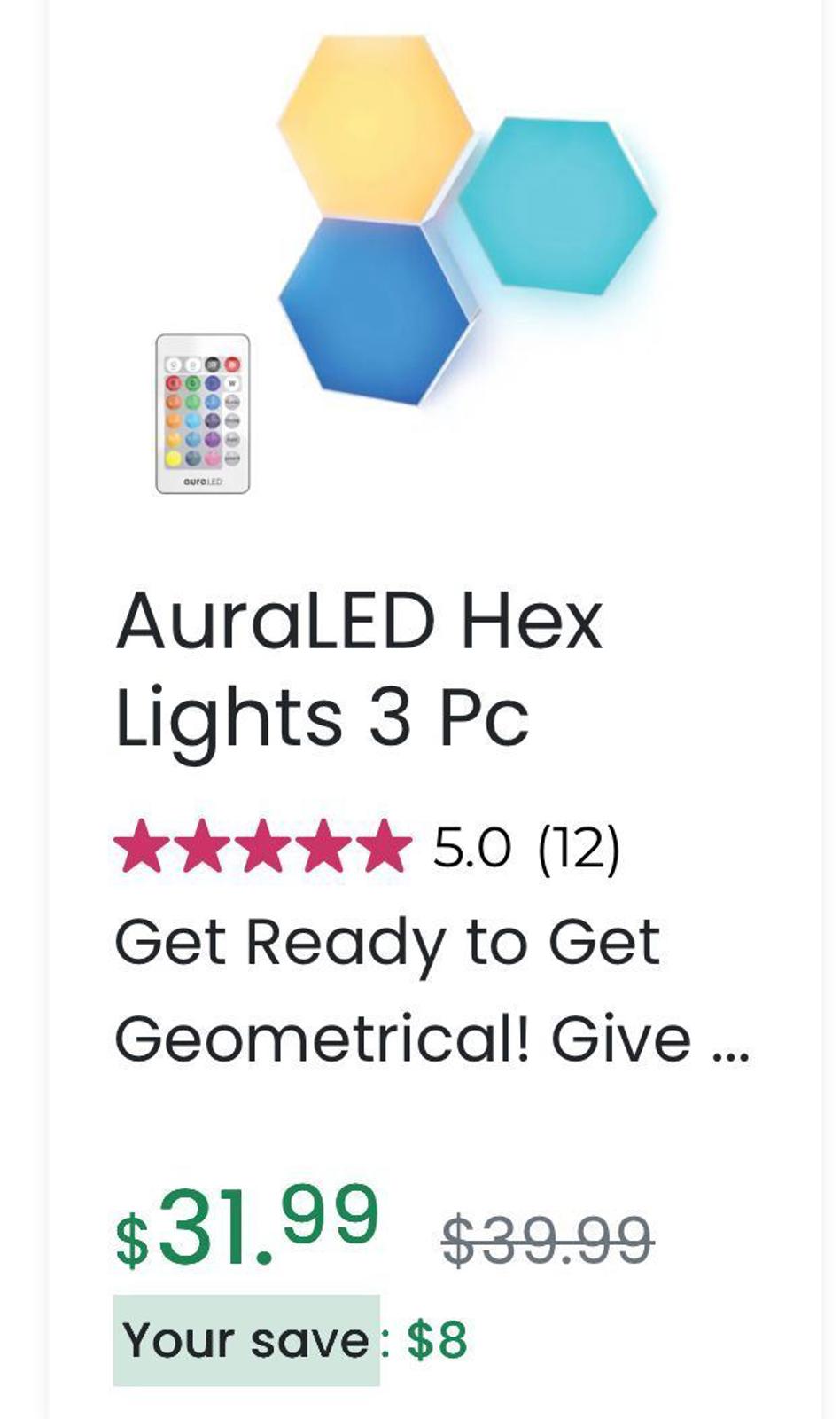(NEW, $39.95) 3 AuraLED Hex Lights with touch & remote, for bedroom, den, gaming