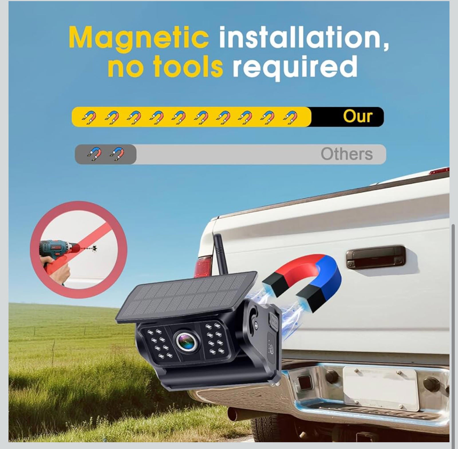 (NEW MSRP $89.99) Wireless Solar Backup Camera V7 –Magnetic Mount, WiFi HD 1080P