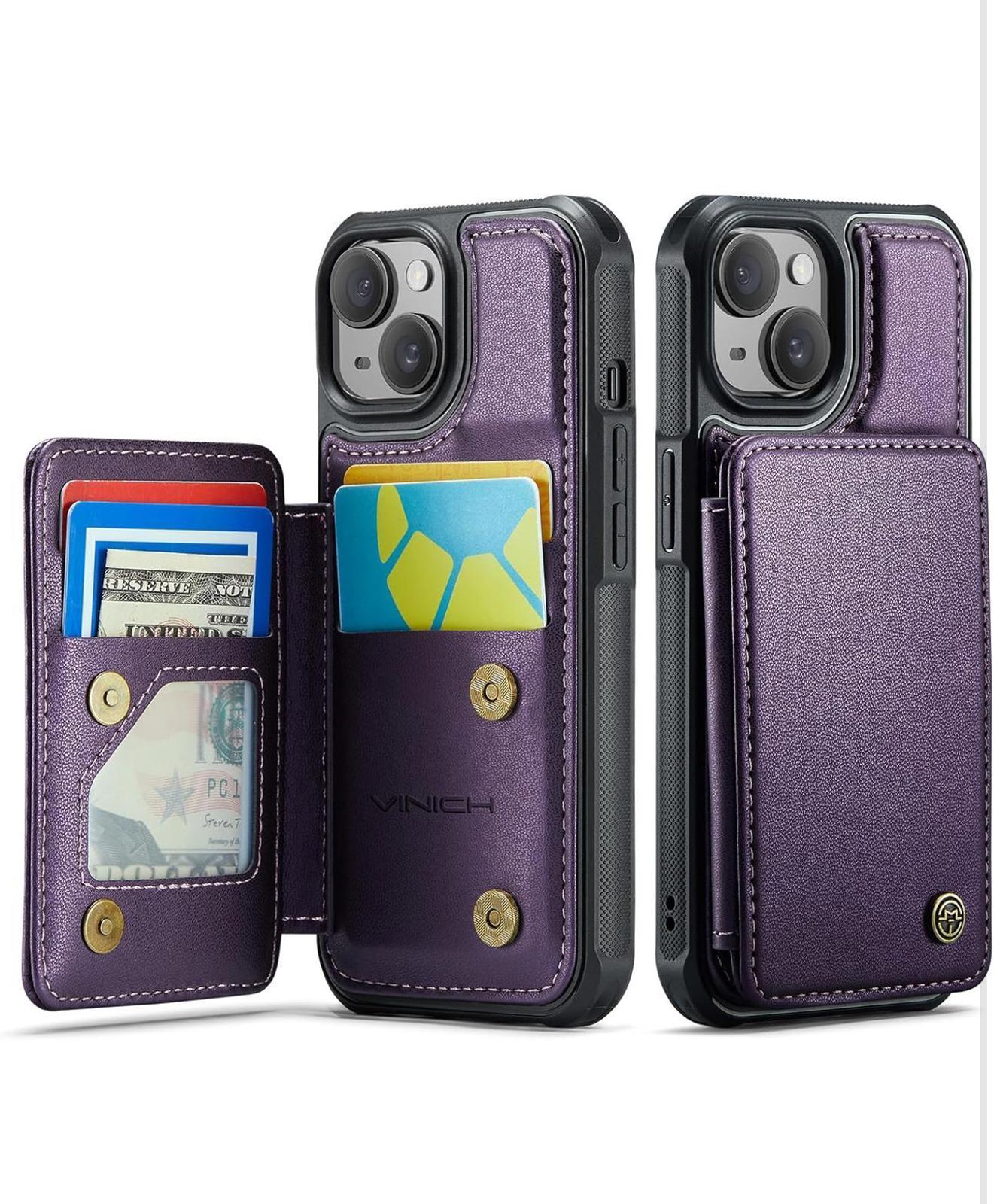 (NEW, MSRP $16.99) iPhone 15 Wallet Case with Card Holder, RFID Block, Kickstand