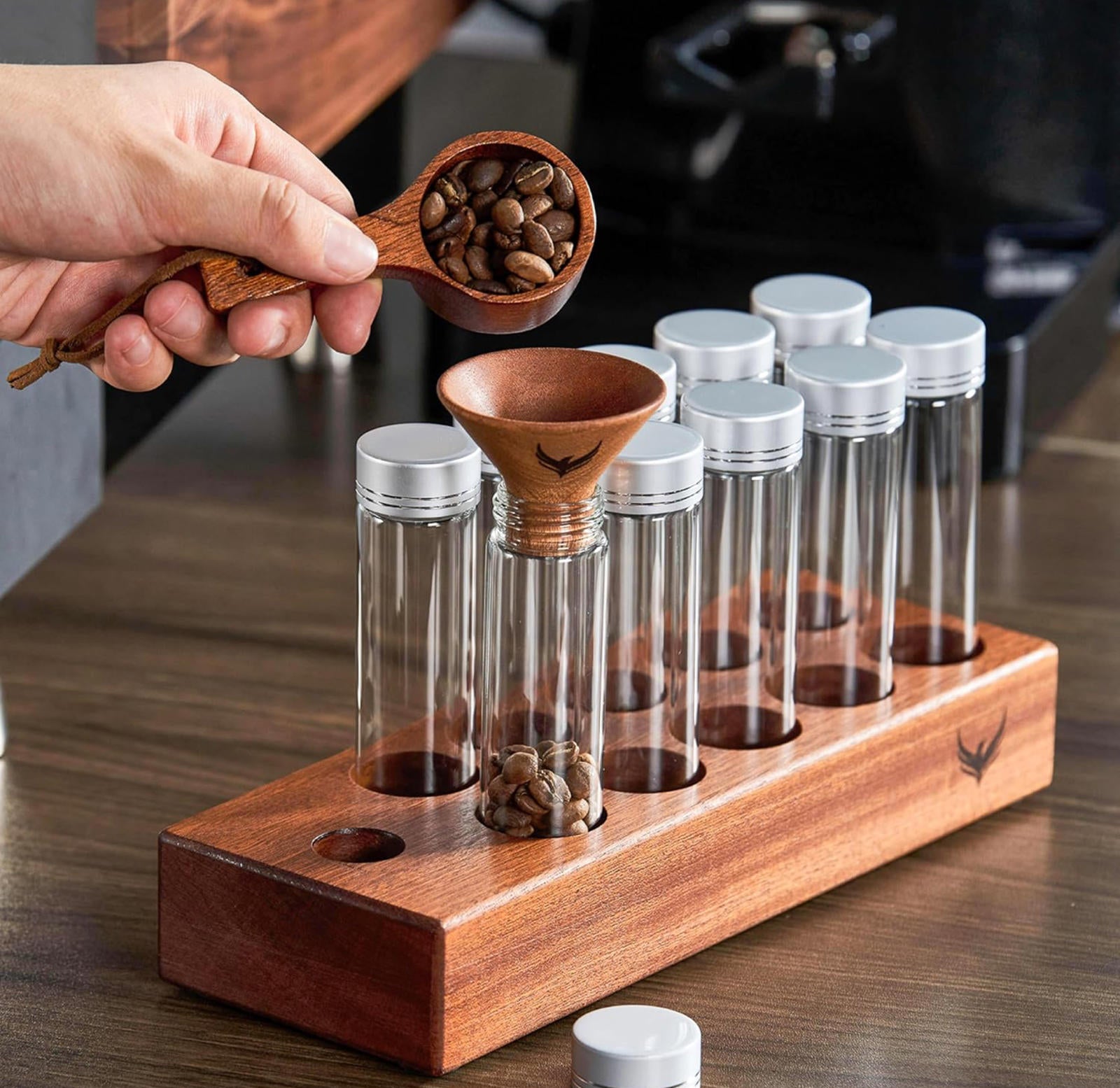 (NEW MSRP $49.99) Coffee Dosing Tubes with Wood Stand & Funnel – 10× 2oz Vials ☕