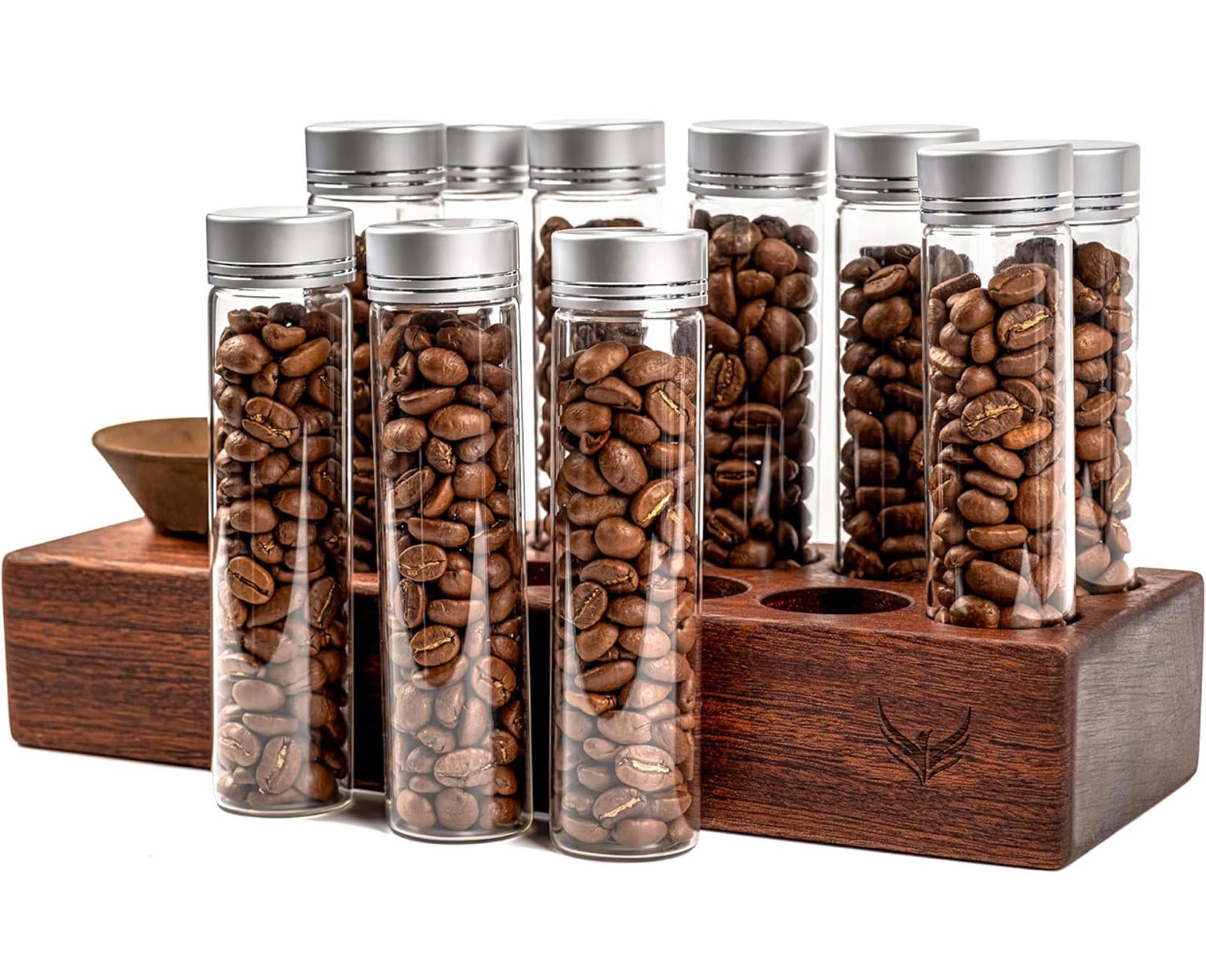 (NEW MSRP $49.99) Coffee Dosing Tubes with Wood Stand & Funnel – 10× 2oz Vials ☕