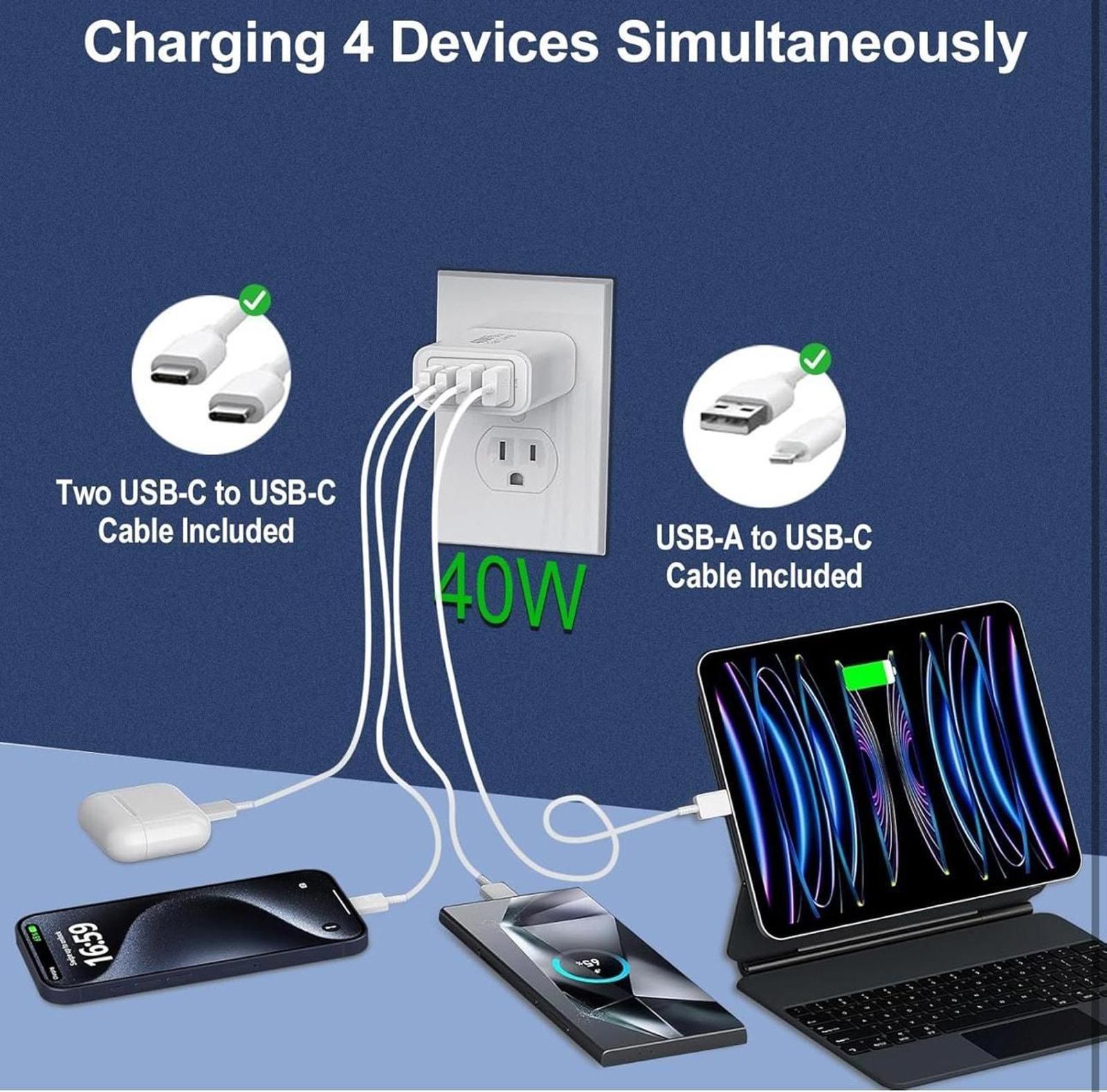 (MSRP $19.99) 2-Pack 40W 4-Port PD Fast Charger with 2×USB-C, 2× USB-A Cables