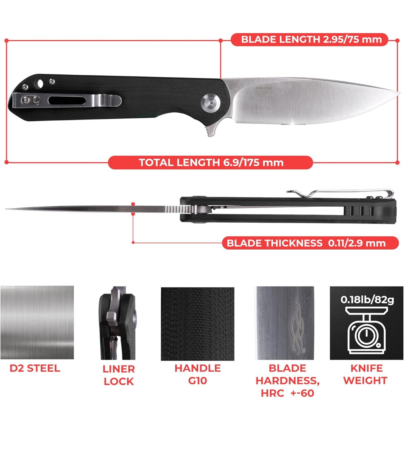 (MSRP $39.99) Firebird Ganzo FH41S-BK Folding Knife, D2 Steel Blade, G10 Handle