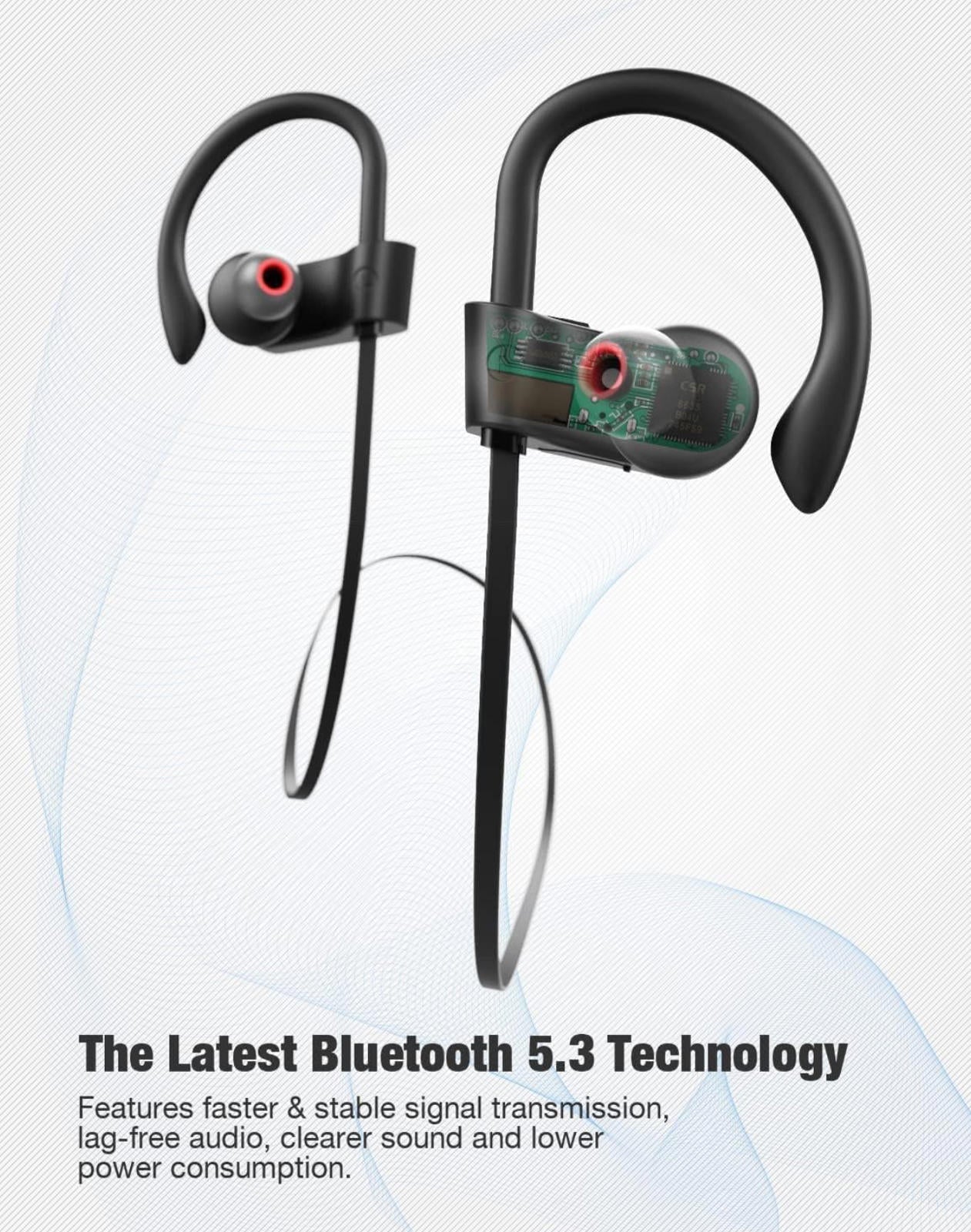 (MSRP $29.99) U18 Bluetooth Sports Earbuds – IPX7, Ear Hooks, 16 H Playtime