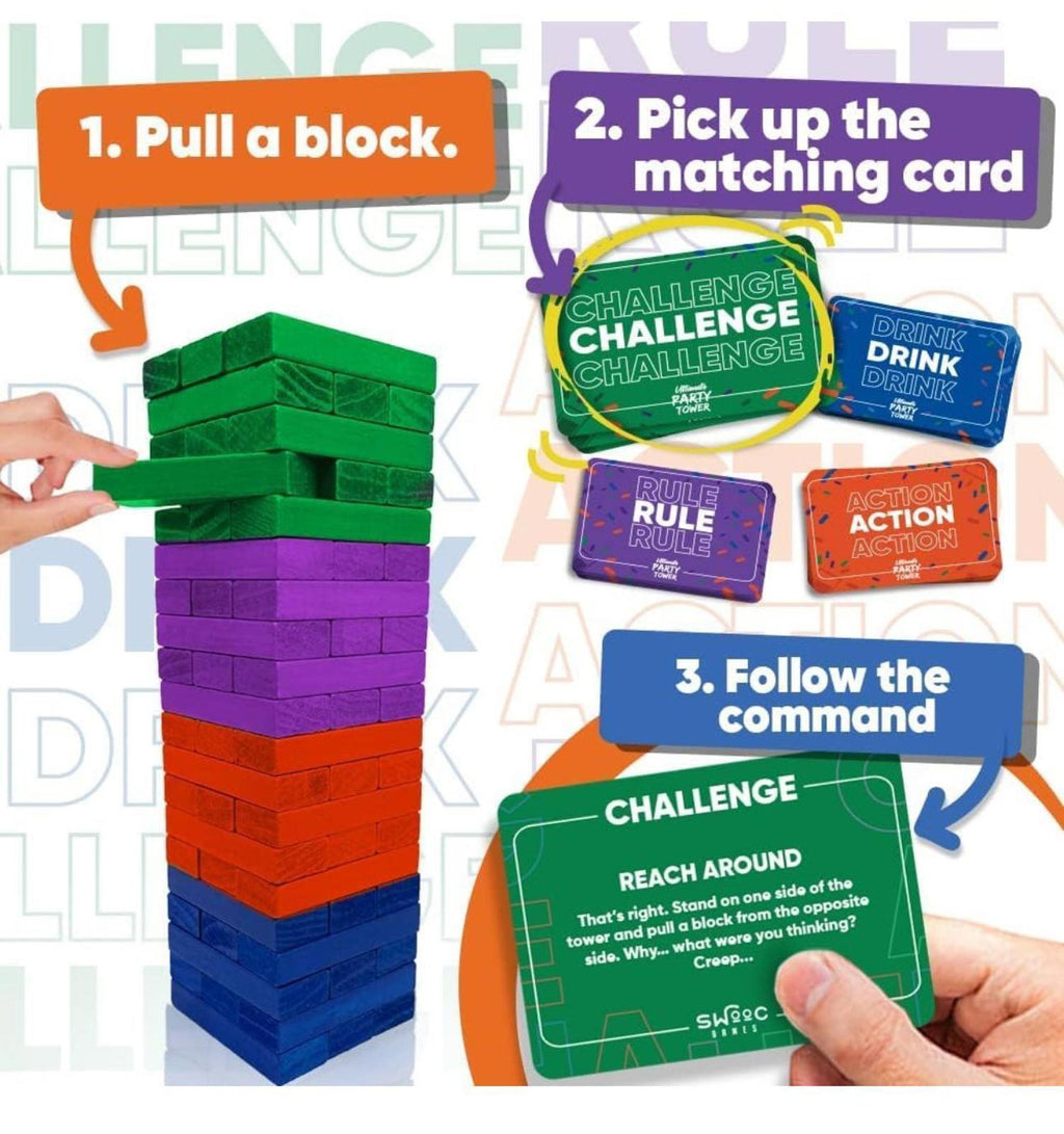(NEW, MSRP $29.99) Ultimate Party Tower Game – 60 Blocks, 100 Commands