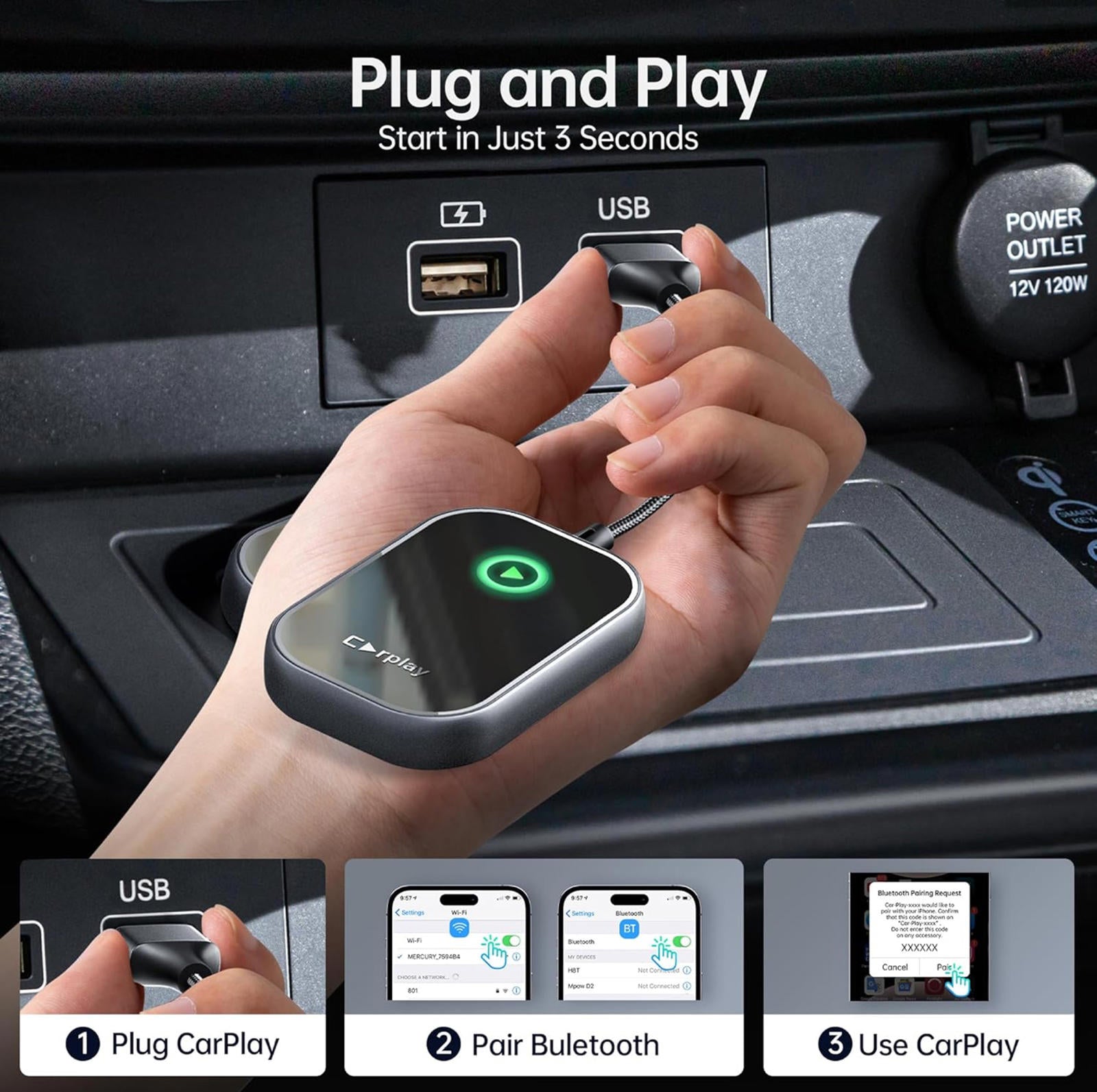 (MSRP $49.99) Wireless CarPlay Adapter – Plug & Play, Zero Latency