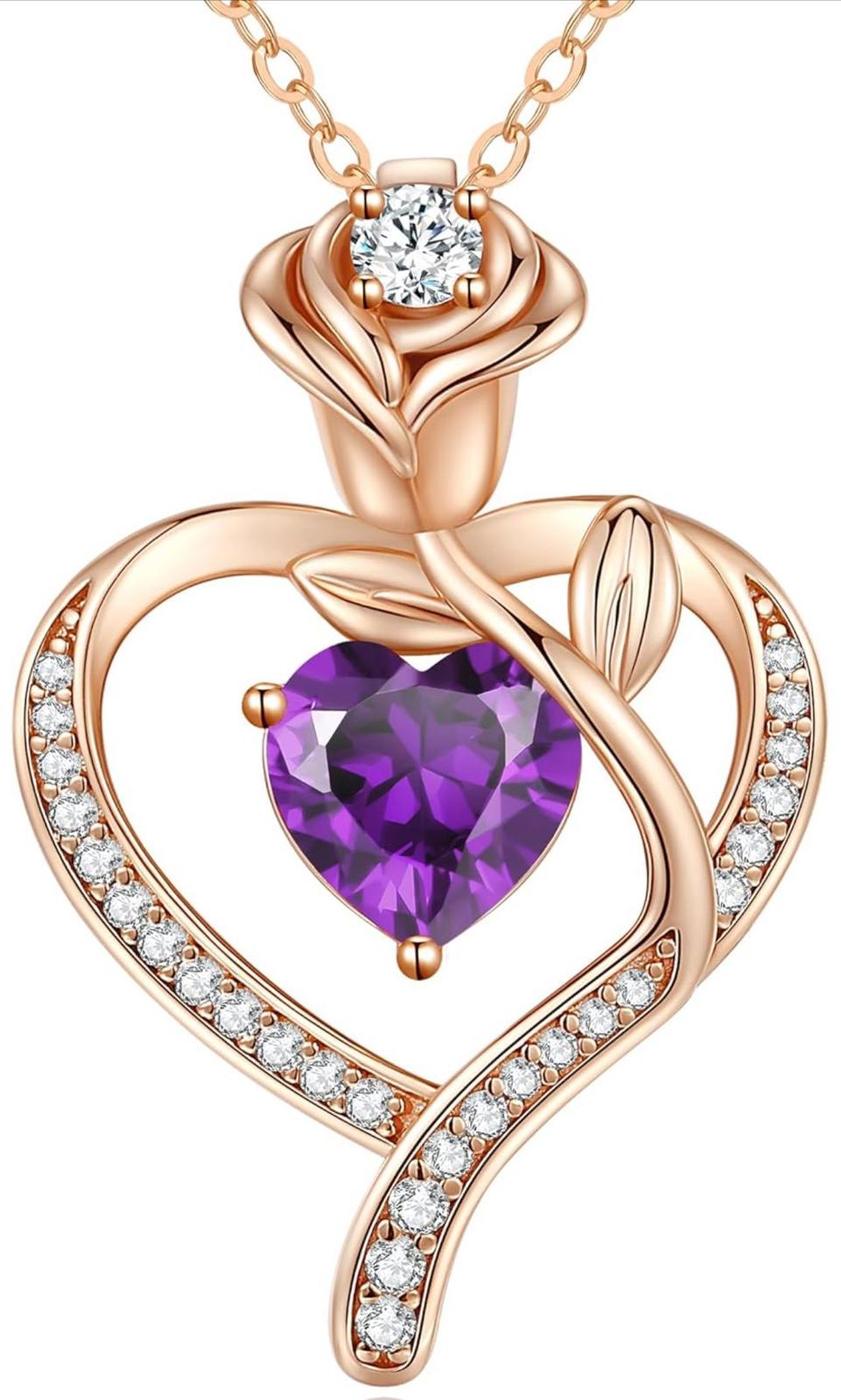 (NEW $89.99) LOUISA SECRET Rose Heart Feb Birthstone Necklace, 925 Silver