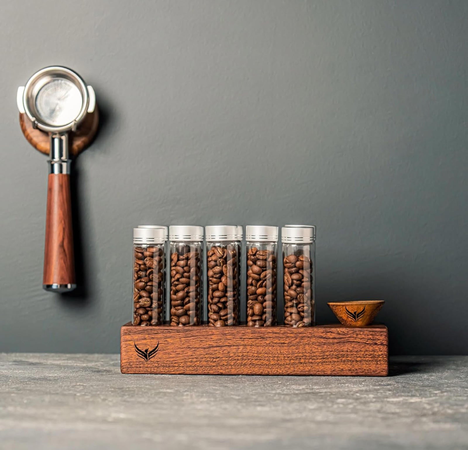 (NEW MSRP $49.99) Coffee Dosing Tubes with Wood Stand & Funnel – 10× 2oz Vials ☕