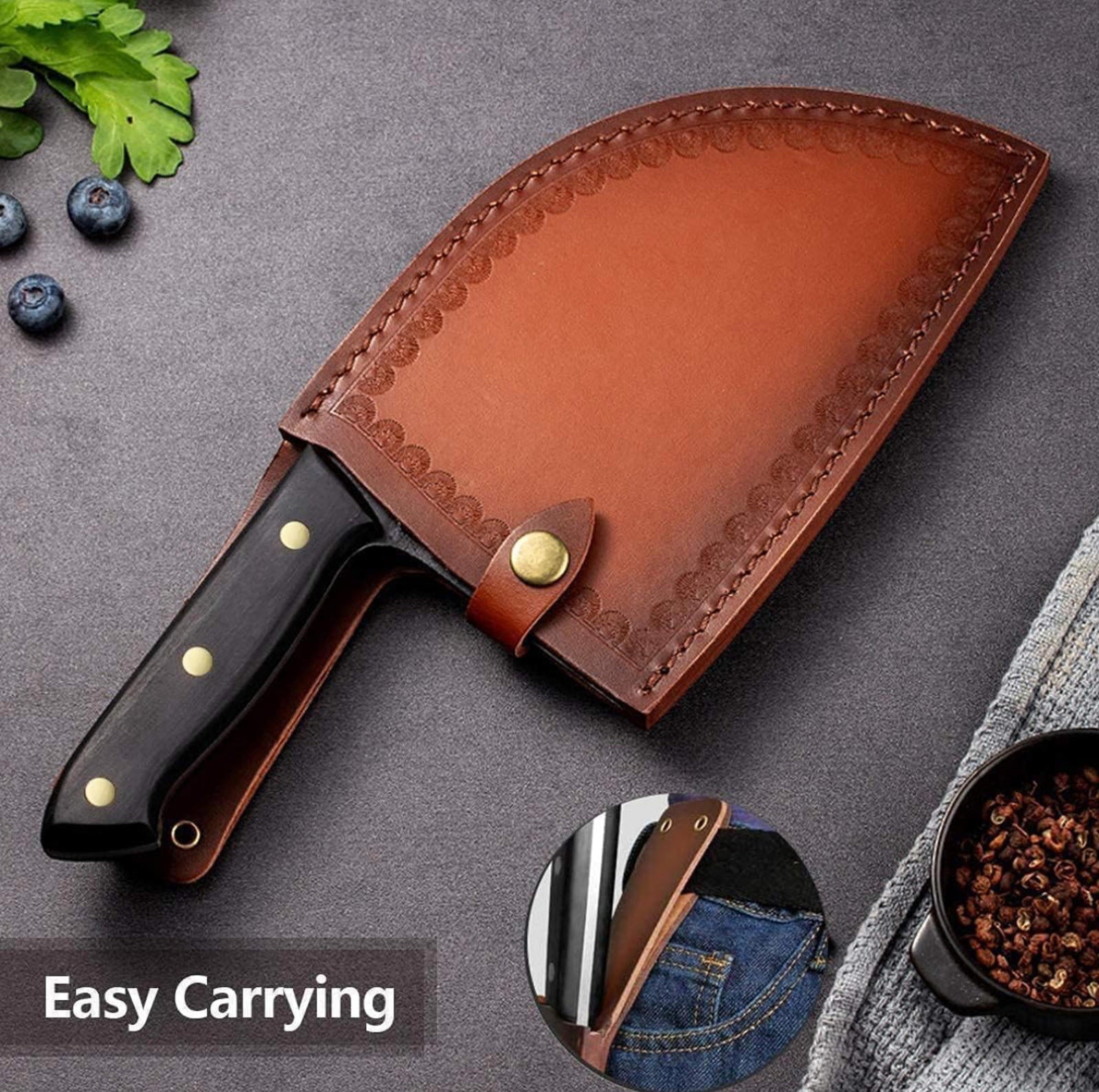 (MSRP $39.99) Serbian Chef Knife – Forged Cleaver with BROWN Leather Sheath