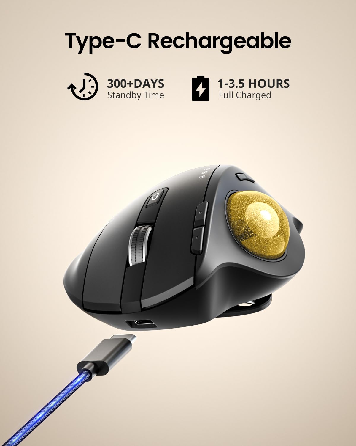 ProtoArc Wireless Trackball Mouse, EM01 NL Ergonomic Bluetooth Rollerball Thumb Rechargeable Computer Laptop Mouse, Adjustable Angle & 3 Device Connection for PC, Mac, Windows-Gray Ball