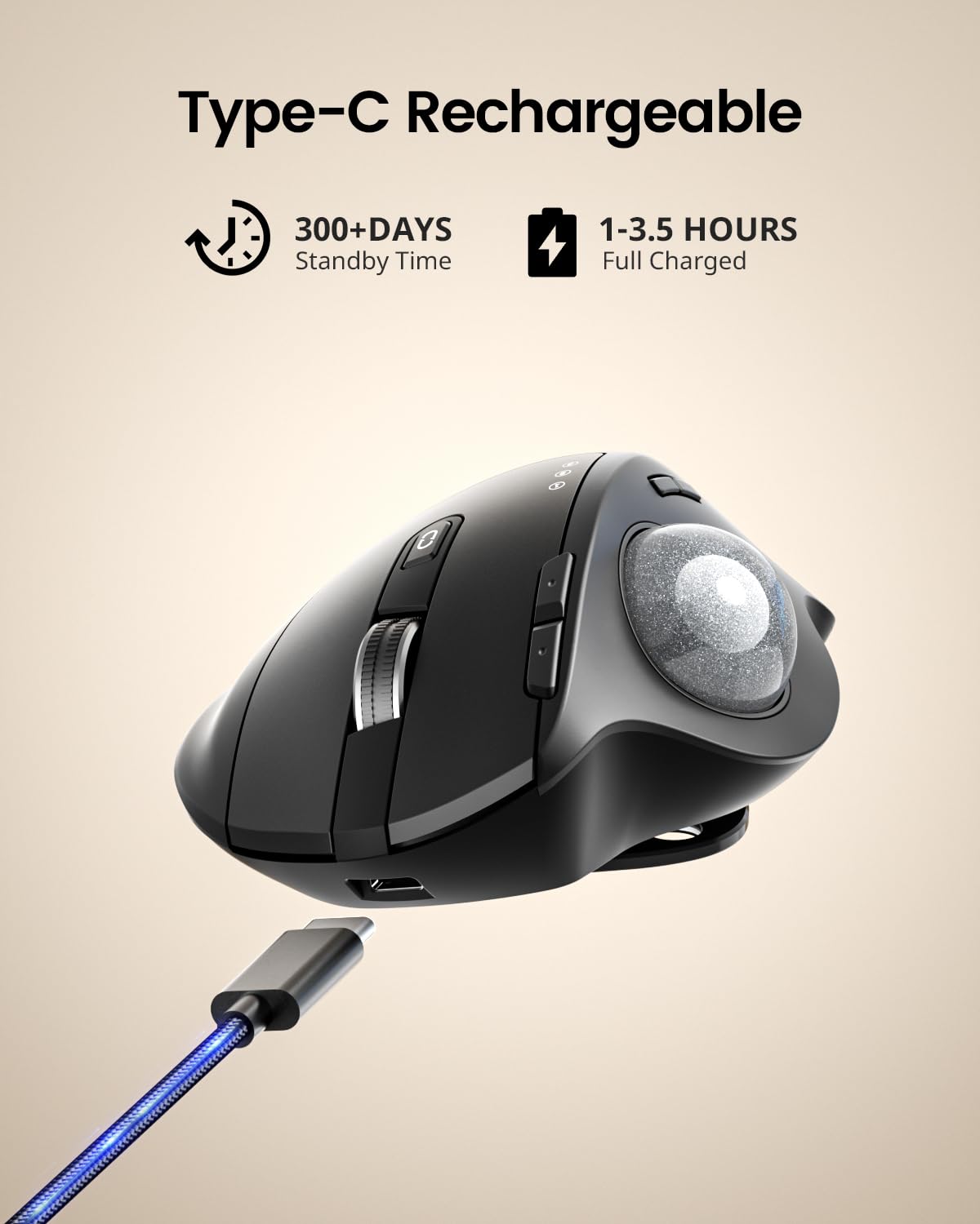 ProtoArc Wireless Trackball Mouse, EM01 NL Ergonomic Bluetooth Rollerball Thumb Rechargeable Computer Laptop Mouse, Adjustable Angle & 3 Device Connection for PC, Mac, Windows-Gray Ball