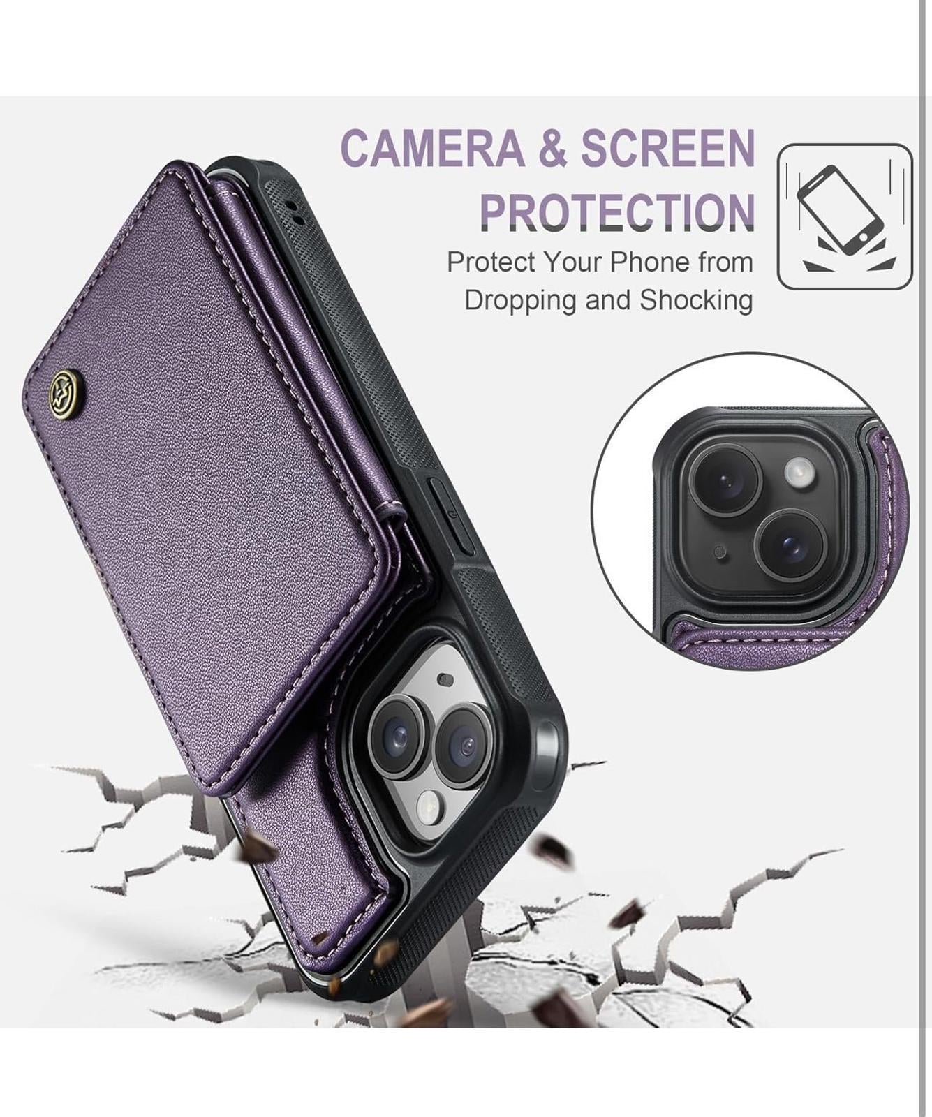 (NEW, MSRP $16.99) iPhone 15 Wallet Case with Card Holder, RFID Block, Kickstand
