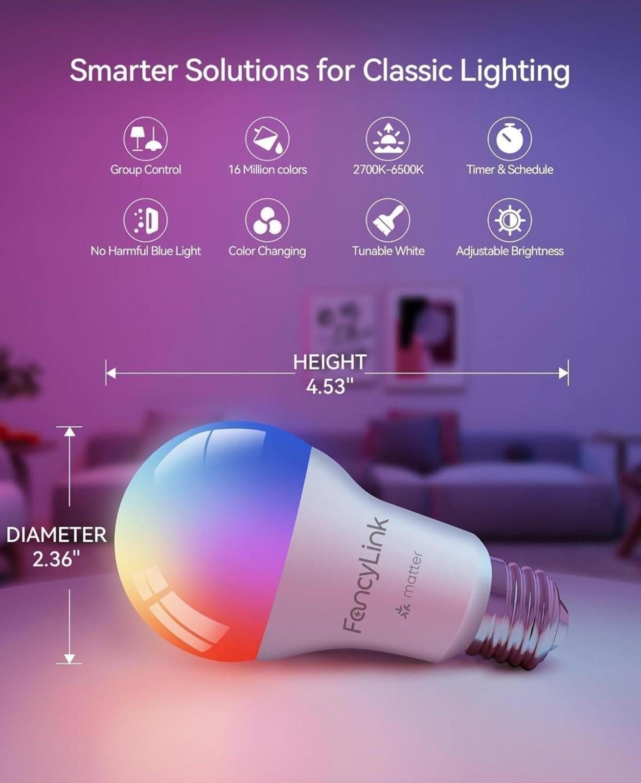 (MSRP $24.99) Matter A19 60W RGBW Smart Light Bulbs – Matter, Alexa, google home